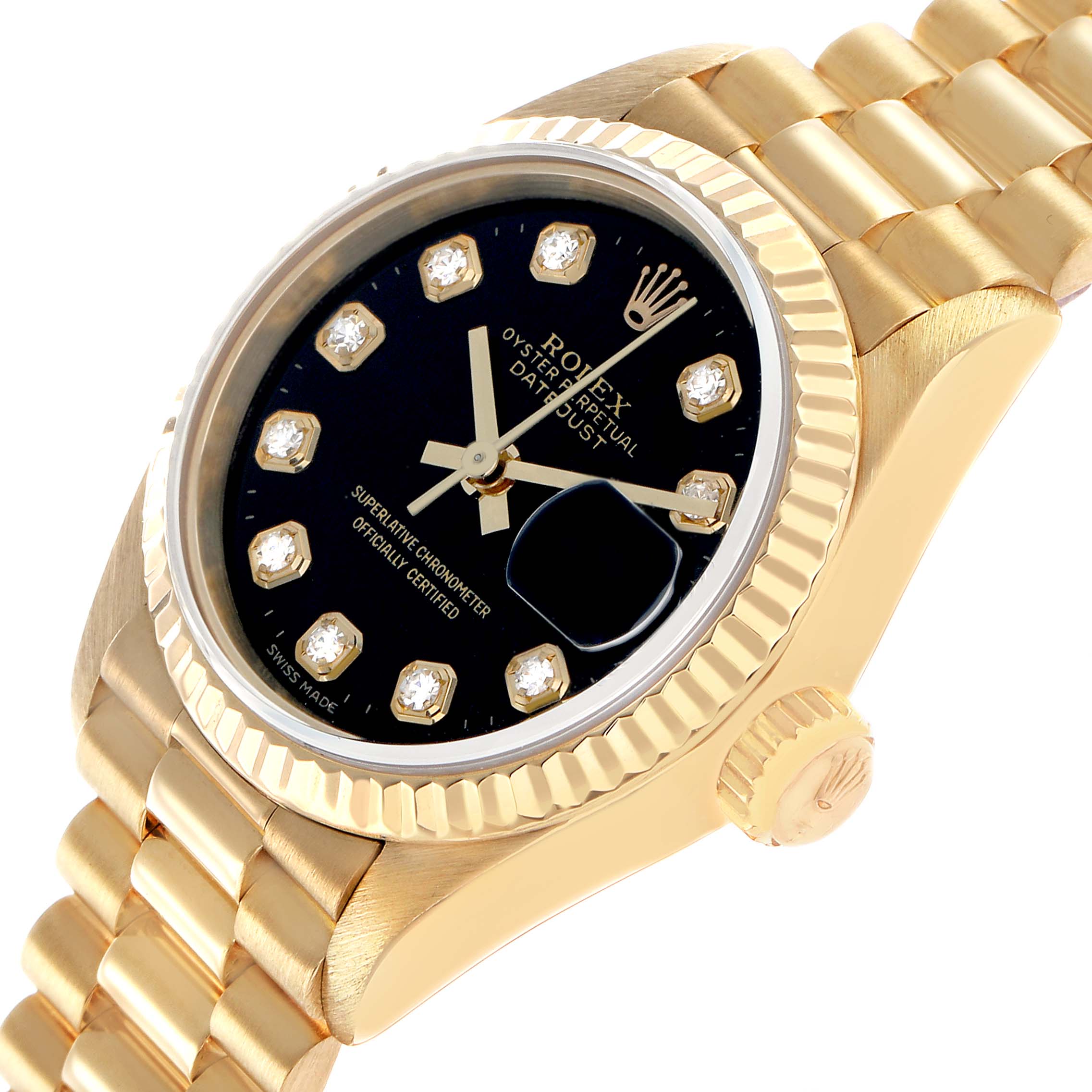 The Rolex President 69178 Women's Yellow Gold Black Dial watch is shown from a three-quarter angle, highlighting the bezel, dial, crown, and part of the bracelet.