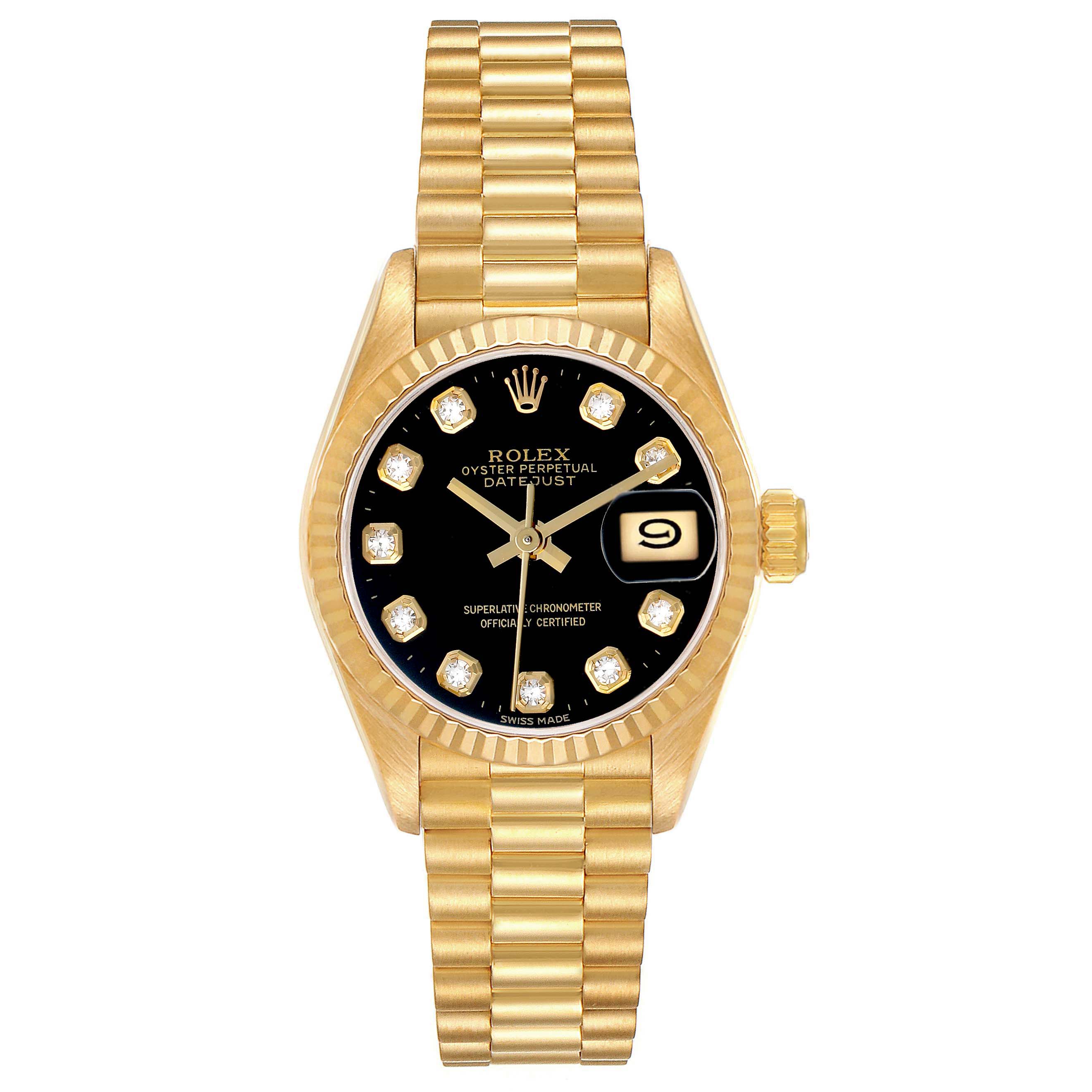 The Rolex President 69178 Women's Yellow Gold Black Dial model is shown from a top view, displaying its gold bracelet, black dial with diamond markers, and date window.