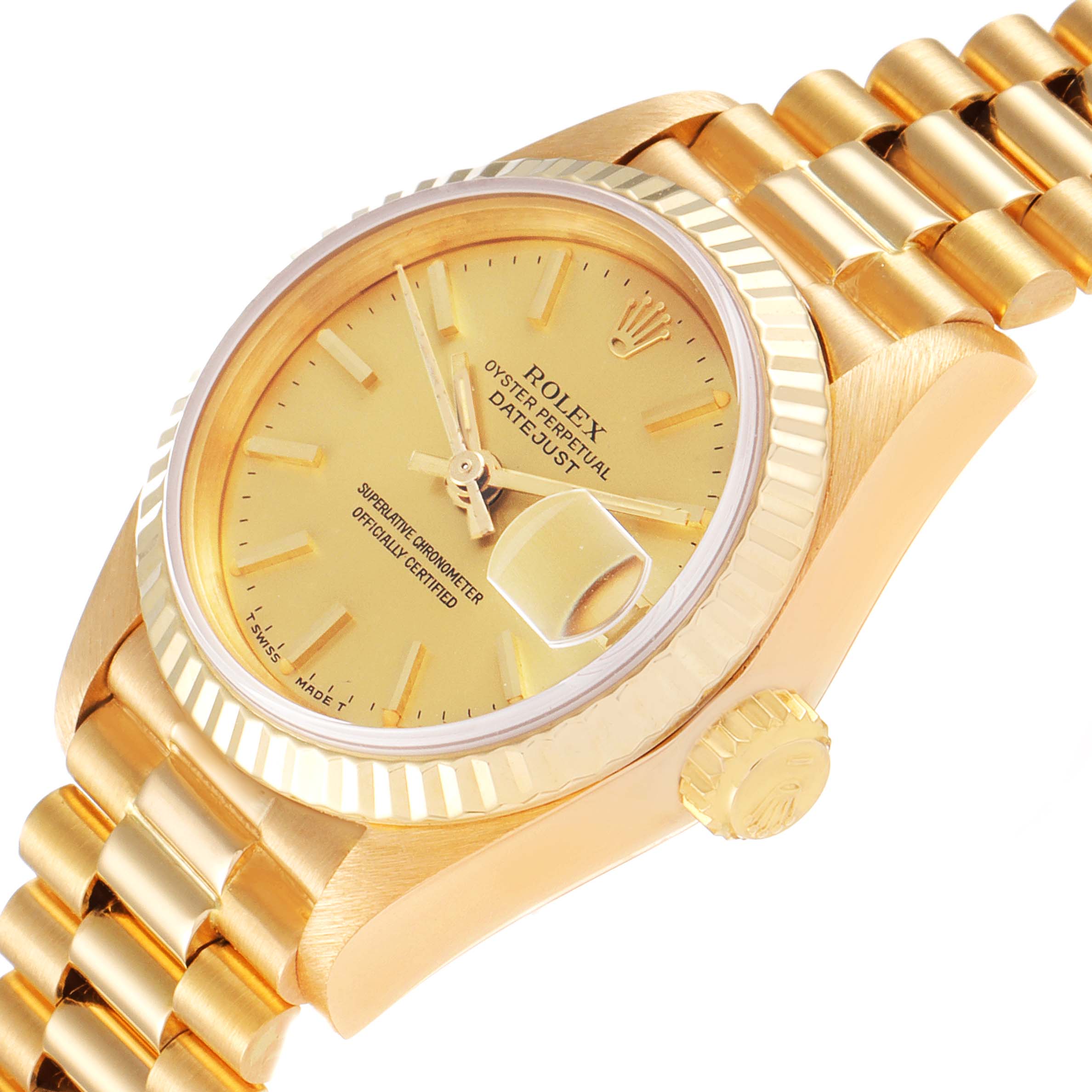 A President model Rolex watch is shown from an angled side view, displaying the dial, crown, and part of the bracelet.