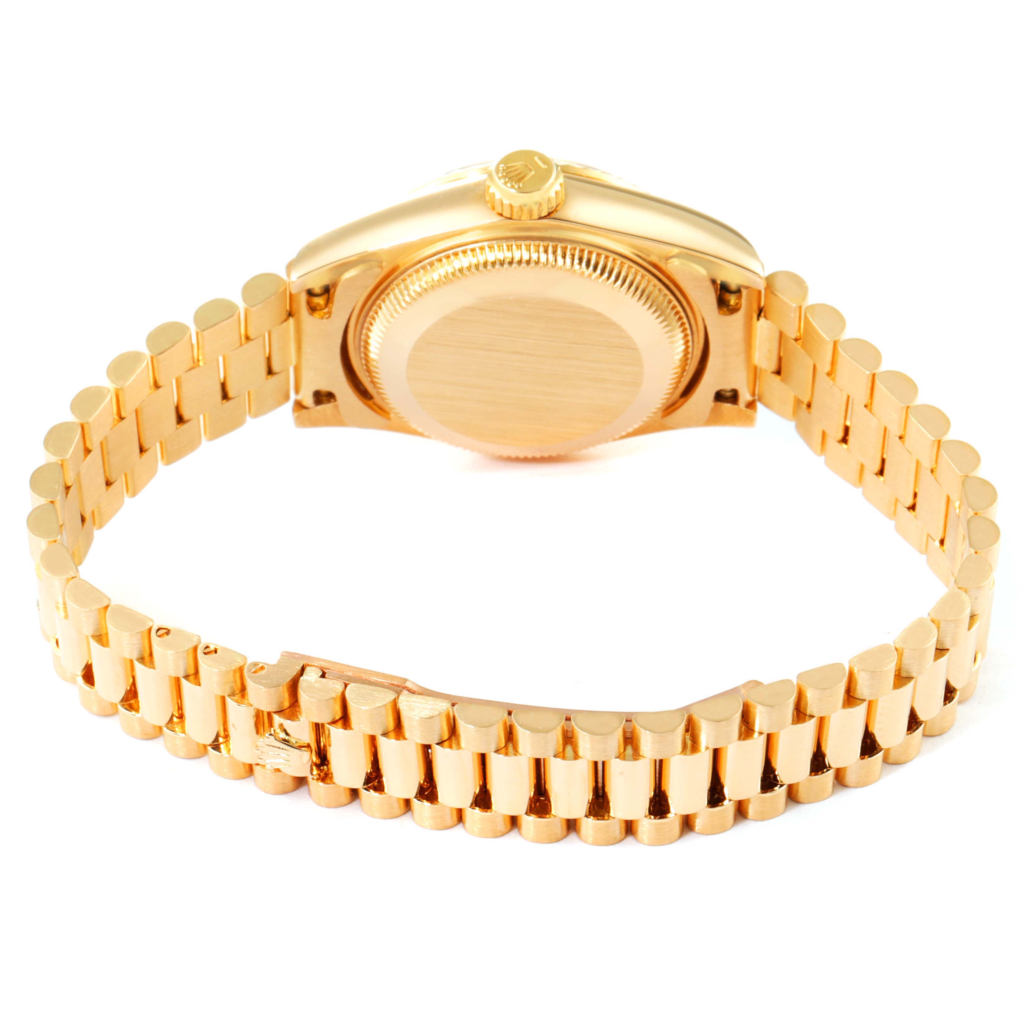 The image shows the back and bracelet of a Rolex President 69178 Women's Yellow Gold Champagne Dial 69178 Women's Yellow Gold Champagne Dial model, viewed from an angle displaying the case back and clasp.