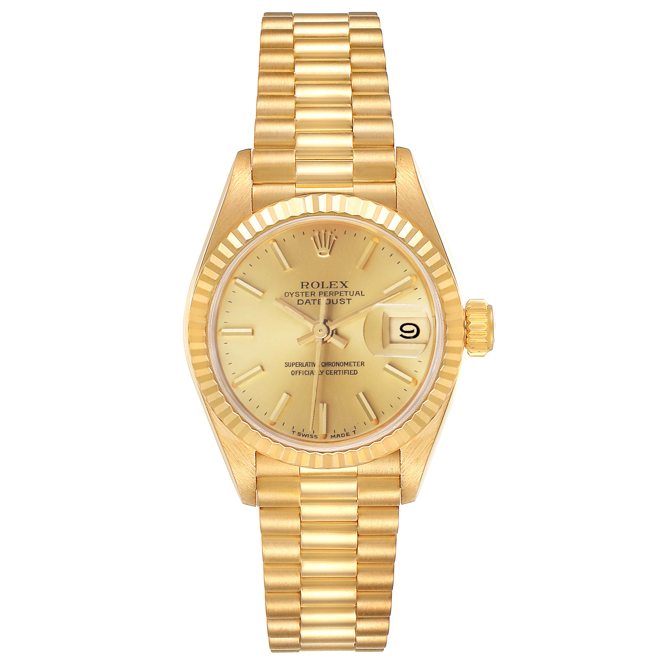 This image shows a Rolex President 69178 Women's Yellow Gold Champagne Dial 69178 Women's Yellow Gold Champagne Dial model watch from a top-down angle, displaying the dial, bracelet, and crown.