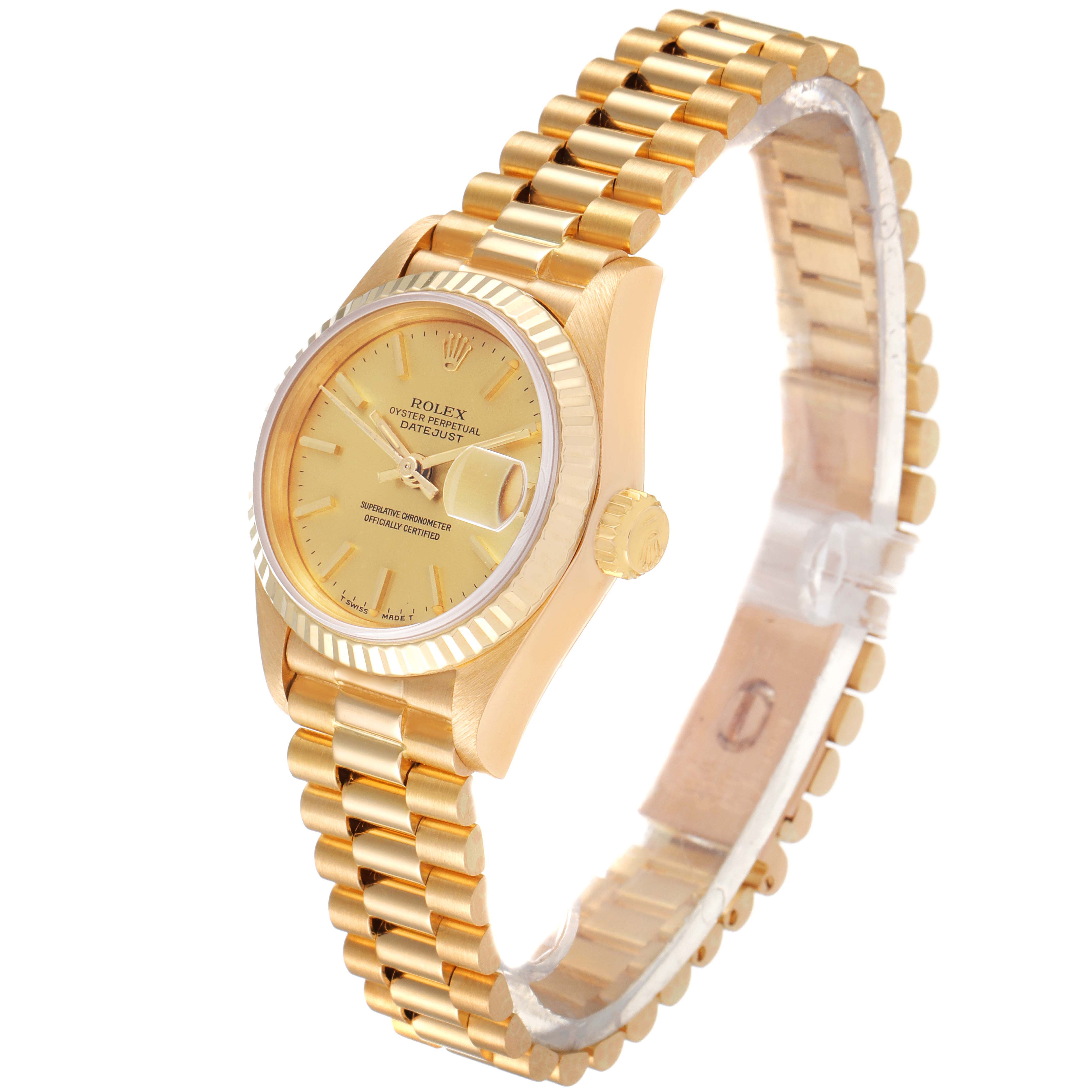 The Rolex President 69178 Women's Yellow Gold Champagne Dial 69178 Women's Yellow Gold Champagne Dial model watch is shown at a three-quarter angle, displaying the dial, bezel, crown, and bracelet.