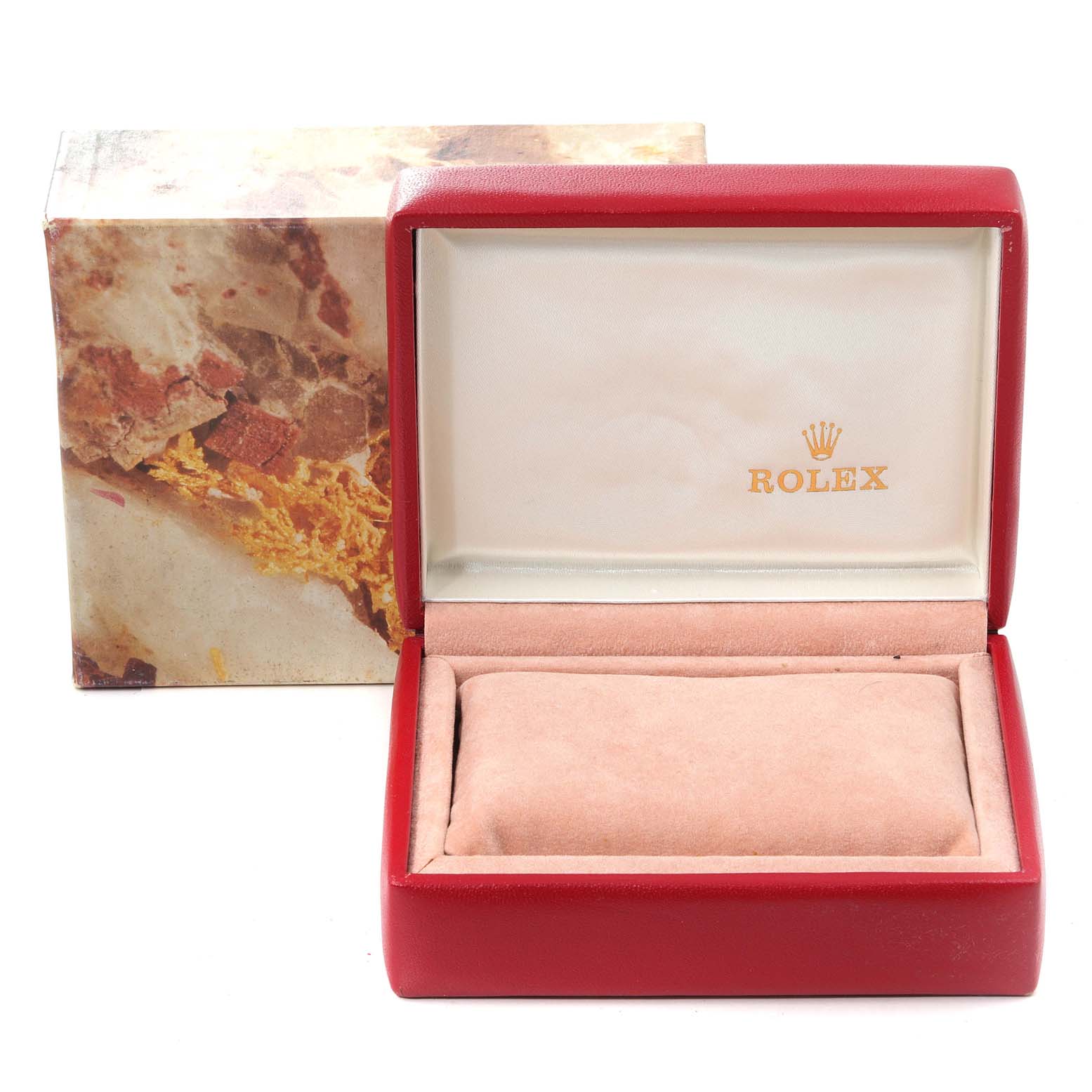 The image shows an open Rolex watch box with the lid up and the cushion inside, designed for the Rolex President 69178 Women's Yellow Gold Champagne Dial 69178 Women's Yellow Gold Champagne Dial model.