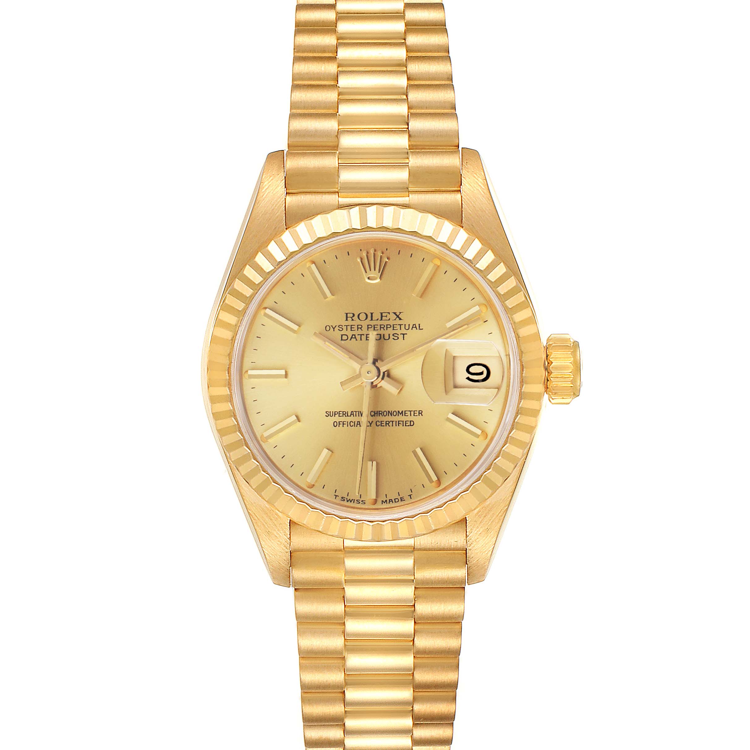 The Rolex President 69178 Women's Yellow Gold Champagne Dial 69178 Women's Yellow Gold Champagne Dial model is shown from the front, displaying its gold dial, fluted bezel, and bracelet.