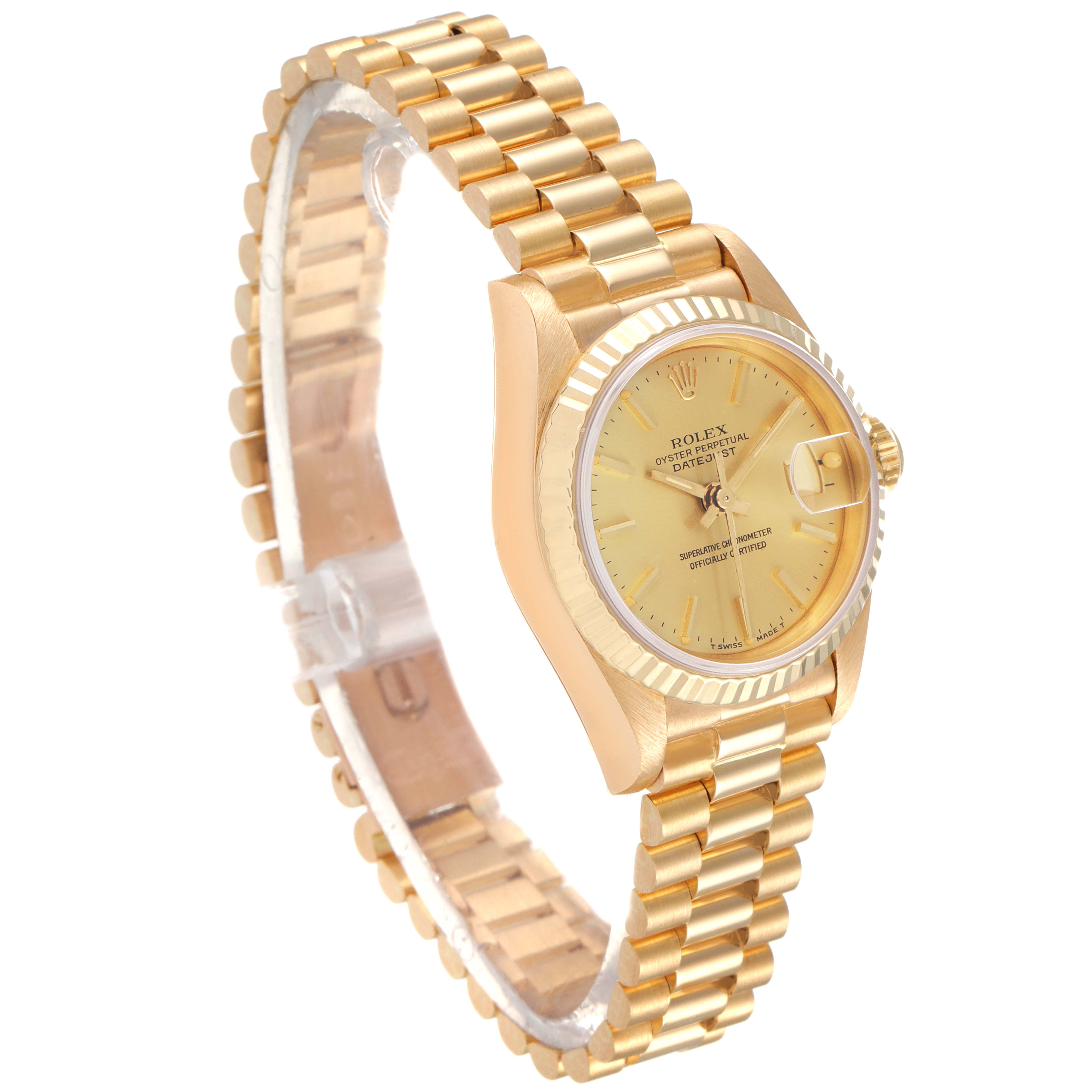 This image shows a side angle of the Rolex President 69178 Women's Yellow Gold Champagne Dial 69178 Women's Yellow Gold Champagne Dial model watch, highlighting its gold bracelet and dial.
