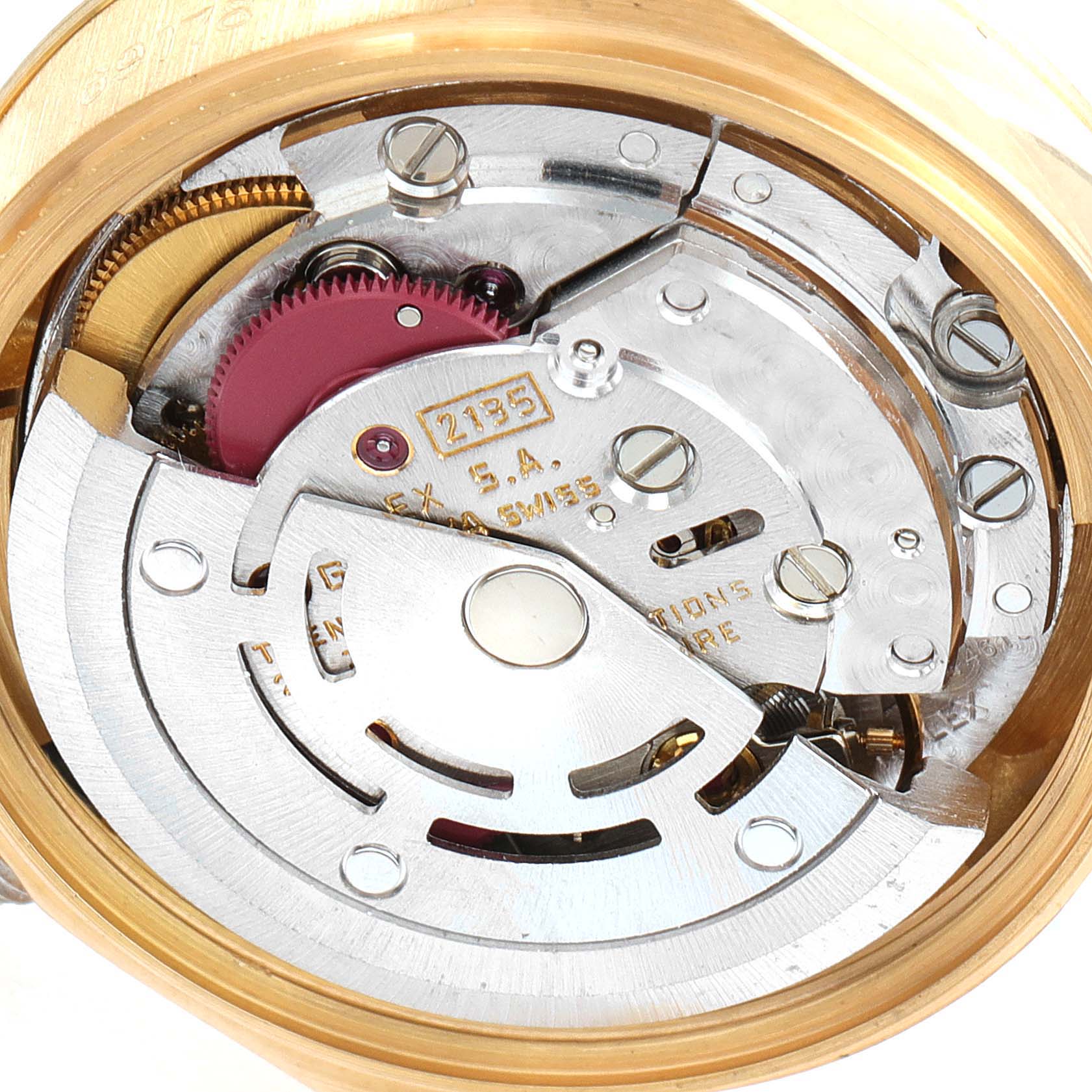 The image shows the inner mechanism of the Rolex President 69178 Women's Yellow Gold Champagne Dial 69178 Women's Yellow Gold Champagne Dial model watch at a close-up angle.