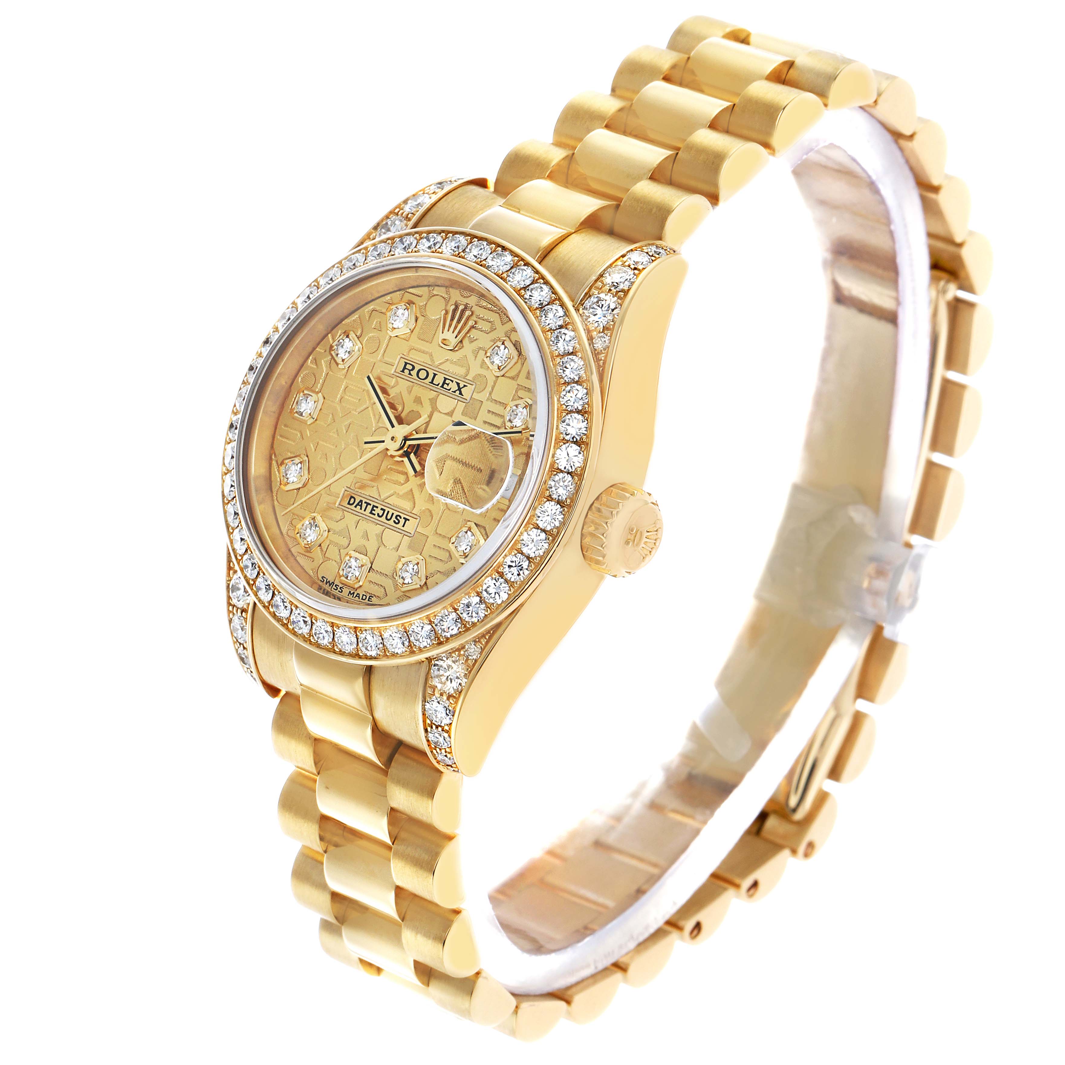 The Rolex President 179158 Women's Yellow Gold Champagne Dial model watch is shown at a slight side angle, highlighting its bracelet, diamond bezel, and dial.