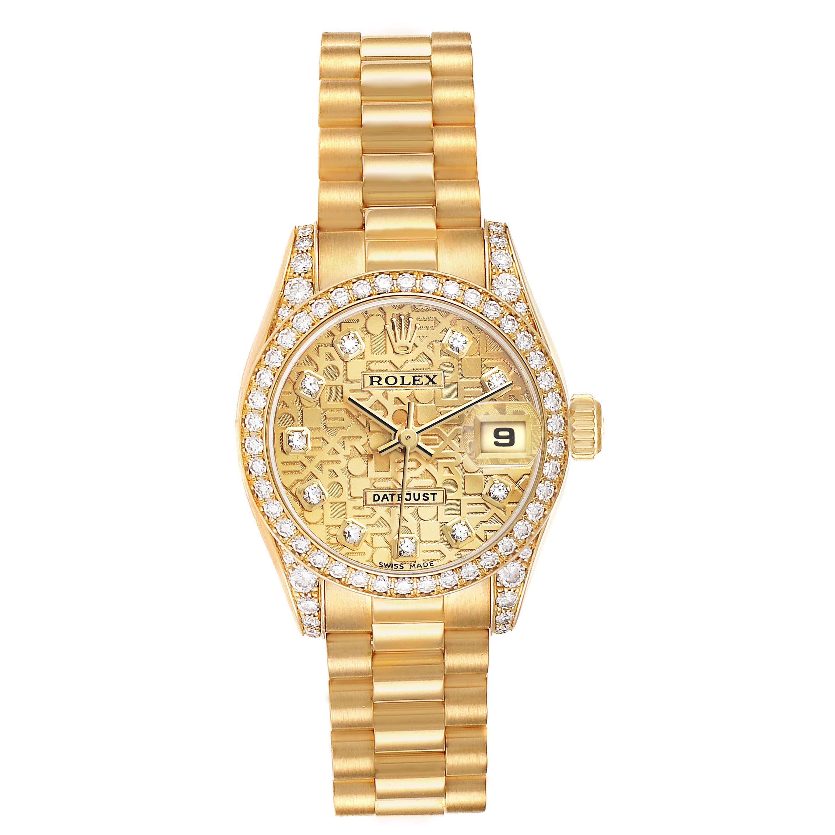 The Rolex President 179158 Women's Yellow Gold Champagne Dial model is shown from a top view, highlighting the dial, bezel, bracelet, and crown.