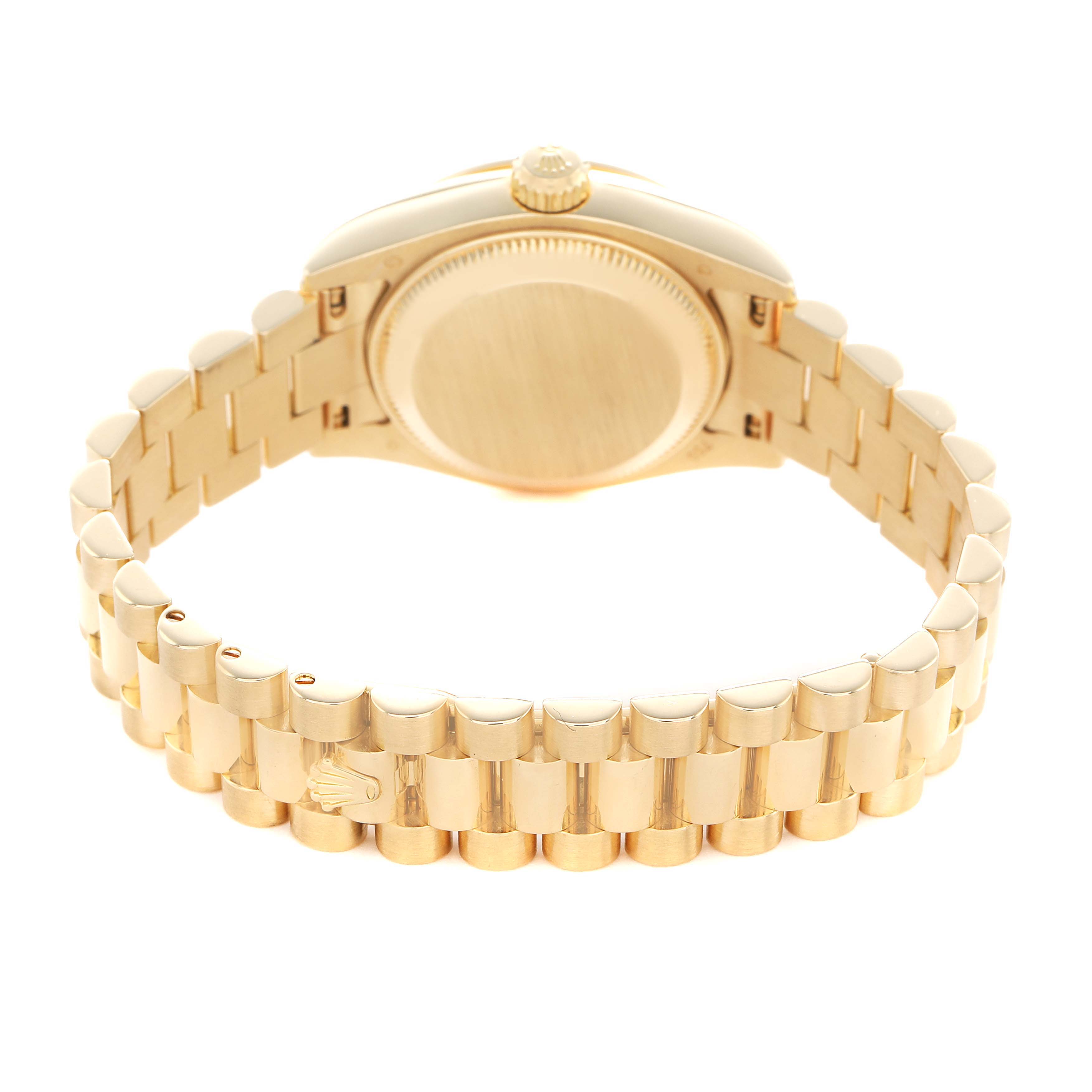 The image shows the back of the Rolex President 179158 Women's Yellow Gold Champagne Dial model, focusing on the case back and bracelet.