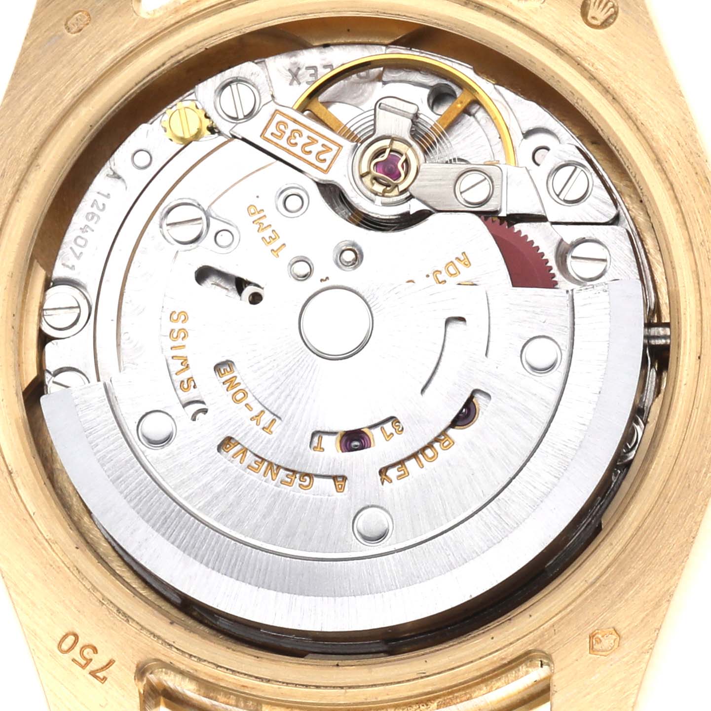 The image shows the internal mechanism of a Rolex President 179158 Women's Yellow Gold Champagne Dial model, displaying the rotor and movement components.