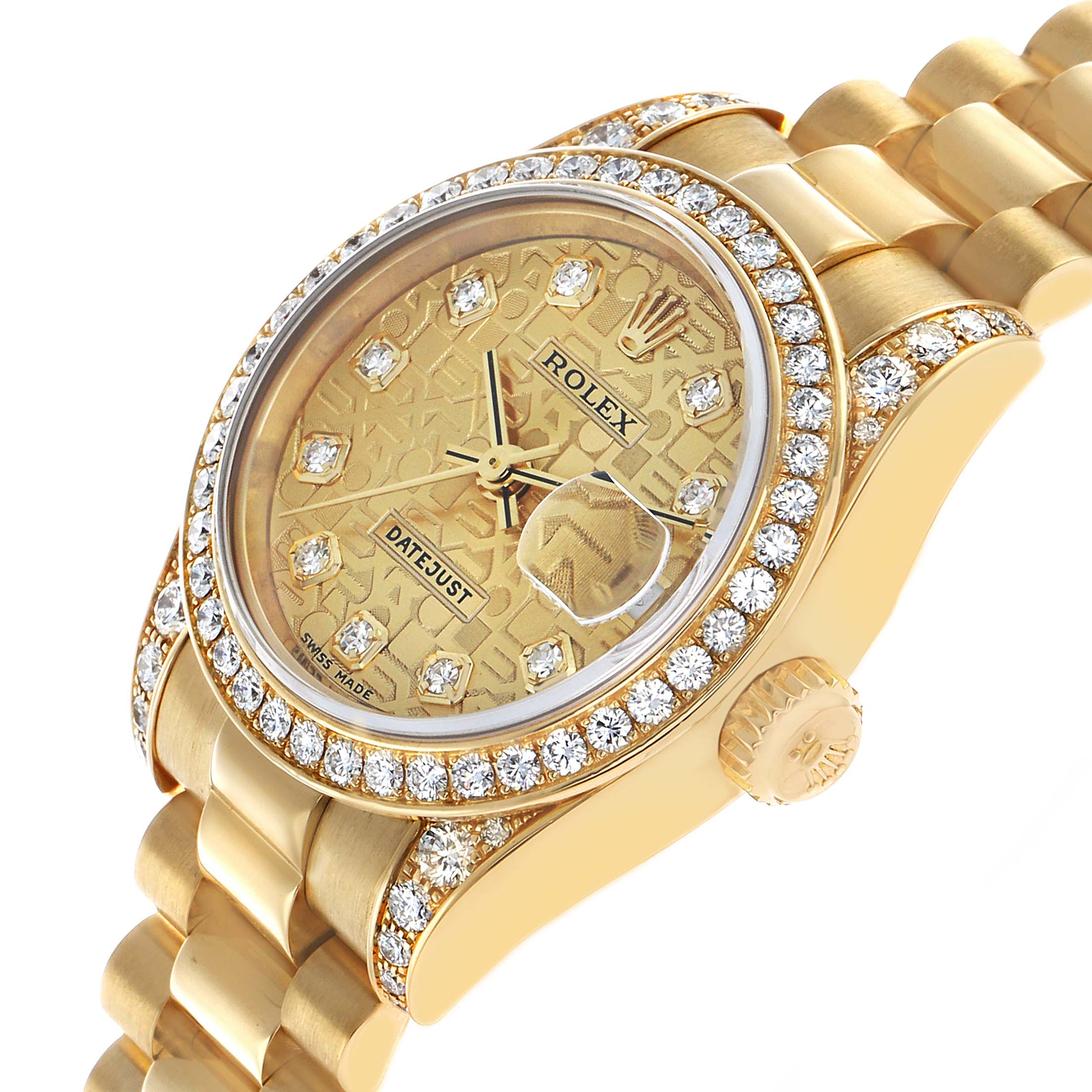 The Rolex President 179158 Women's Yellow Gold Champagne Dial model is shown at an angle highlighting the dial, bezel, crown, and a section of the bracelet.