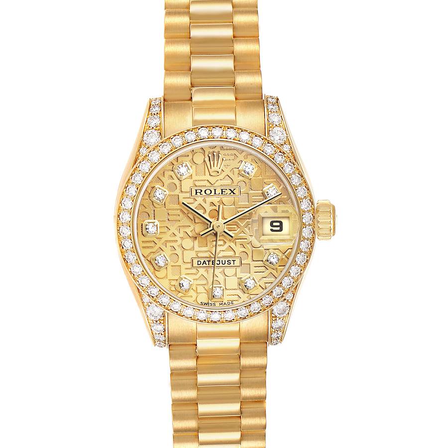 The Rolex President 179158 Women's Yellow Gold Champagne Dial model is shown from the front, displaying its gold bracelet, diamond-accented bezel, and date feature.