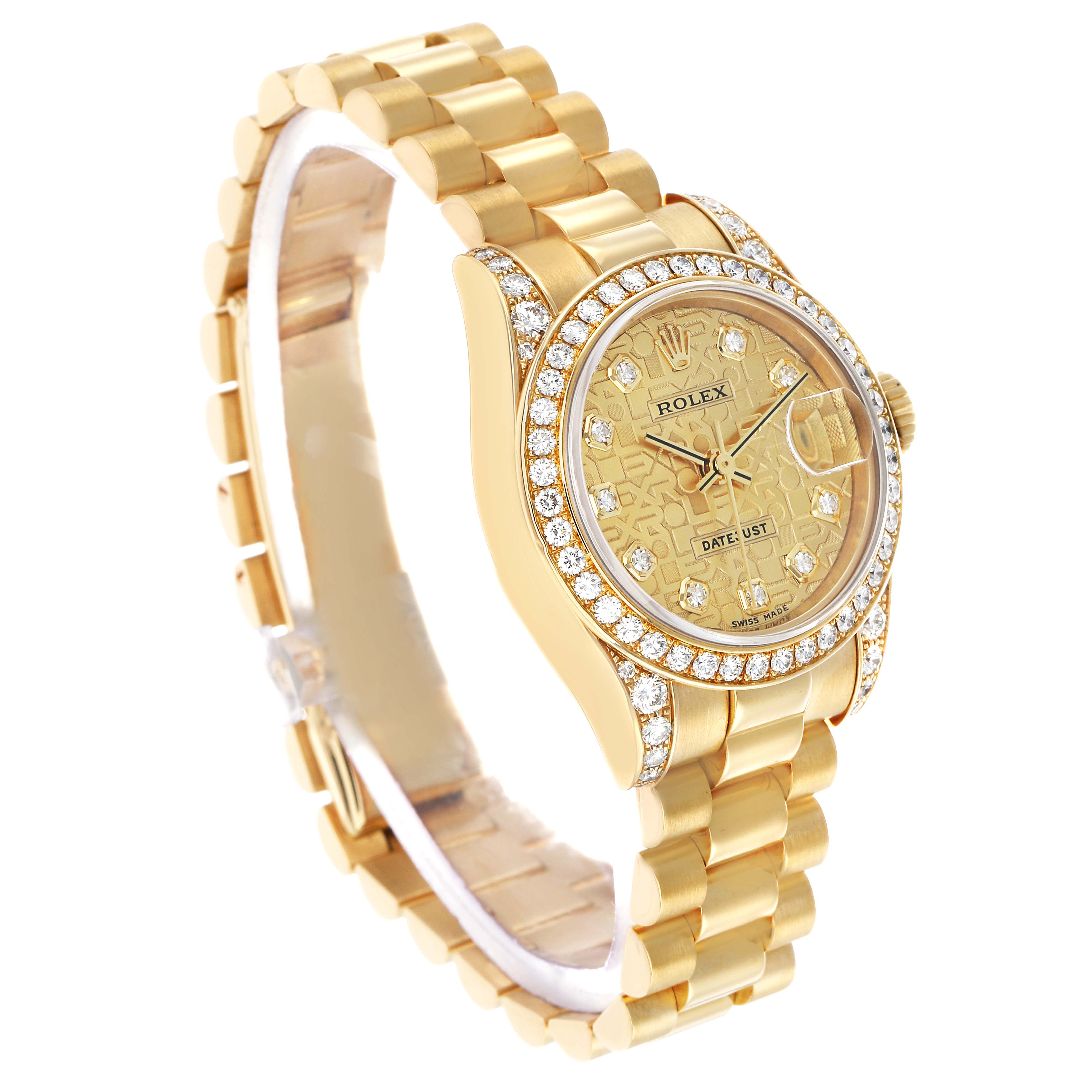 The Rolex President 179158 Women's Yellow Gold Champagne Dial model is viewed from an angled side, showing the face, bezel, bracelet, and crown.