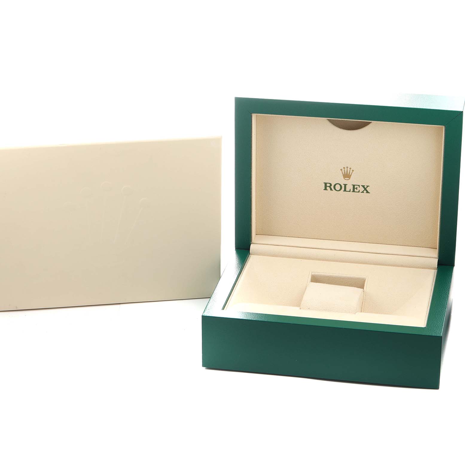 The image shows an open Rolex President 179158 Women's Yellow Gold Champagne Dial watch box at a slight angle, with a beige interior and a green exterior.