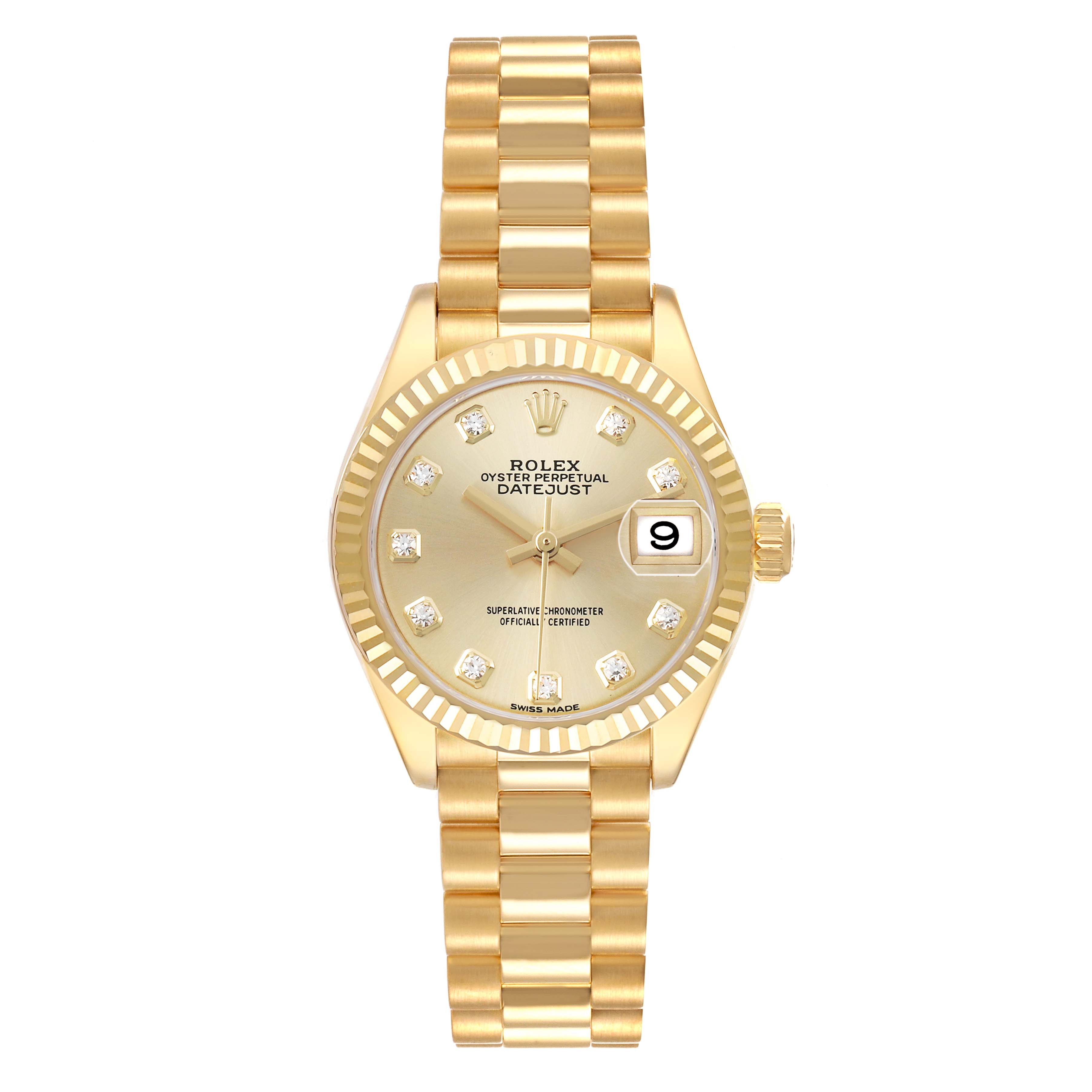 The Rolex President 279178 Women's Yellow Gold Champagne Dial model watch is shown from a top view, displaying its face, bezel, bracelet, and date window.