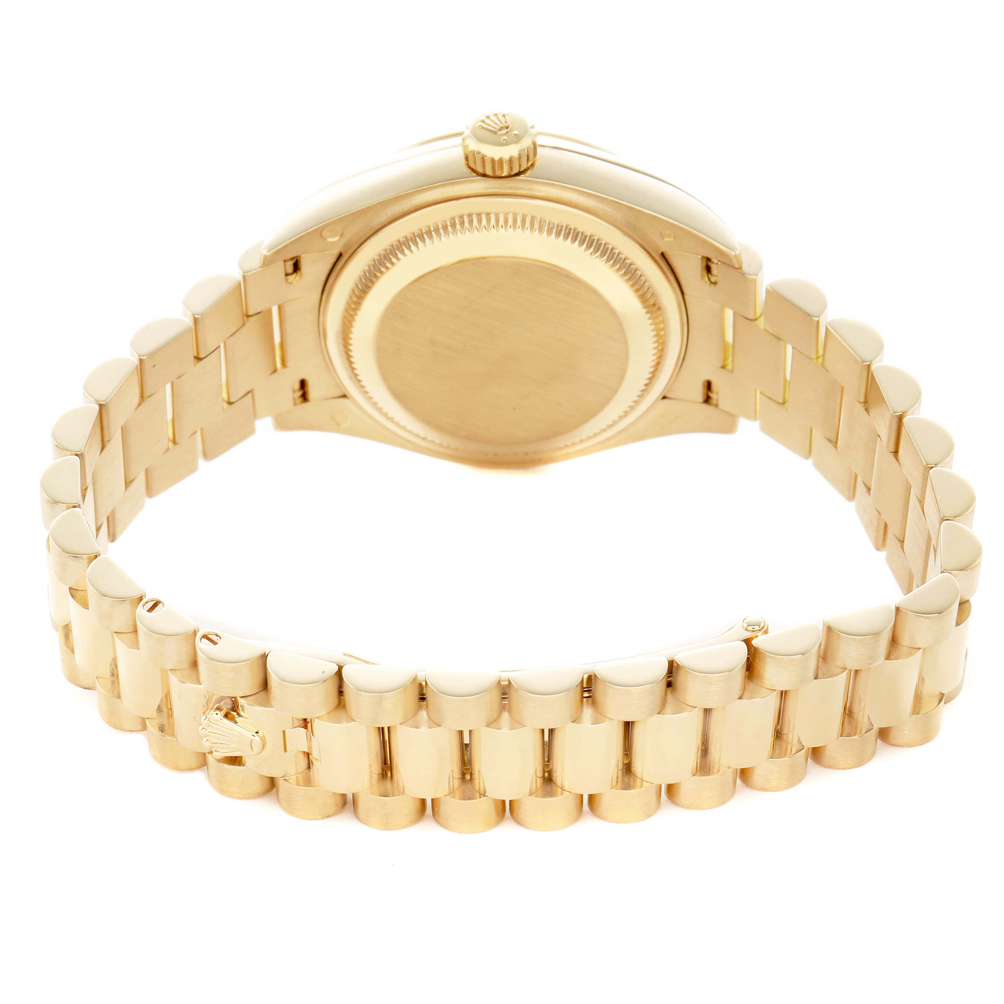 The image shows the backside of a Rolex President 279178 Women's Yellow Gold Champagne Dial watch, highlighting the case back, bracelet, and crown from a rear angle.