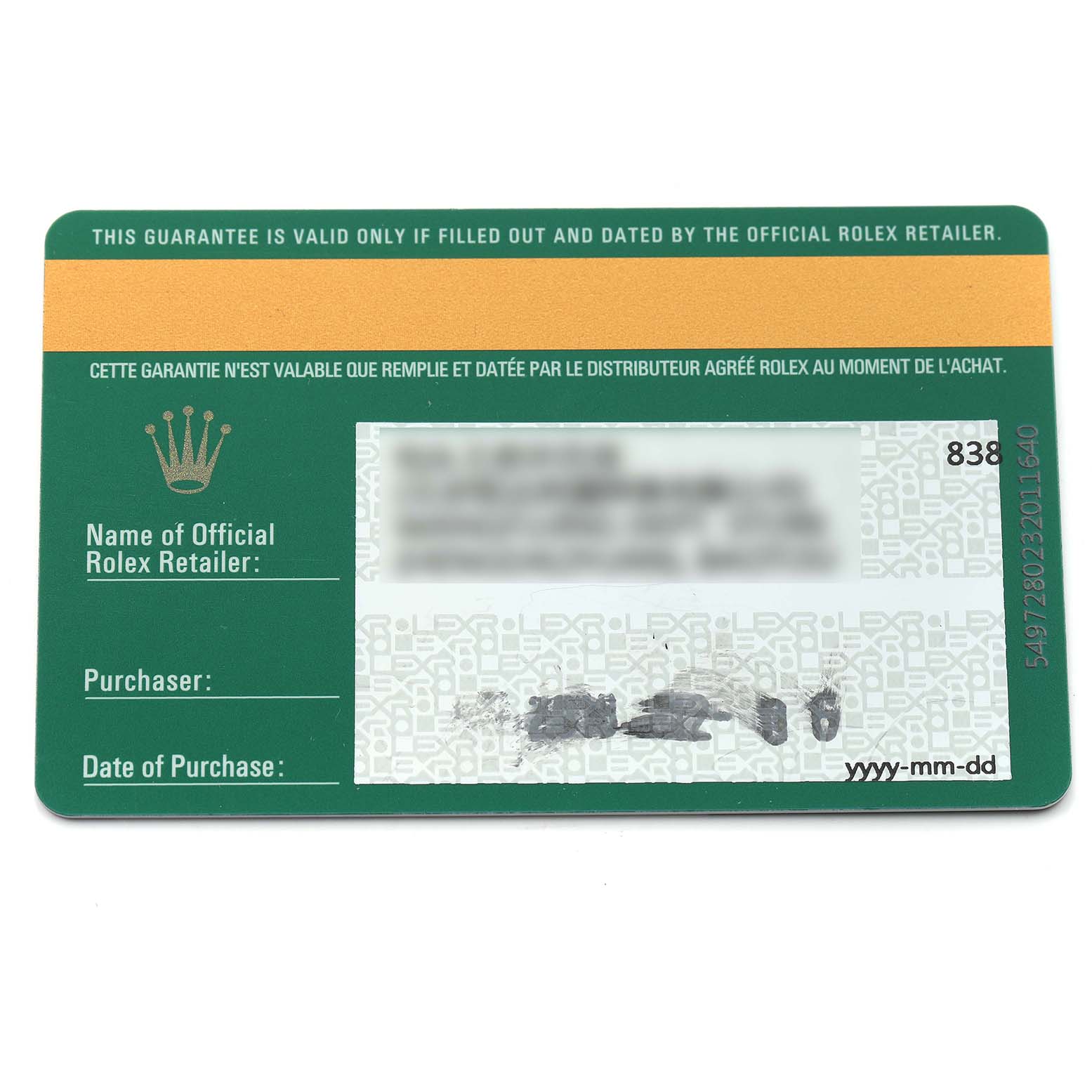 The image shows a flat, horizontal view of a Rolex President 279178 Women's Yellow Gold Champagne Dial model warranty card with brand details.