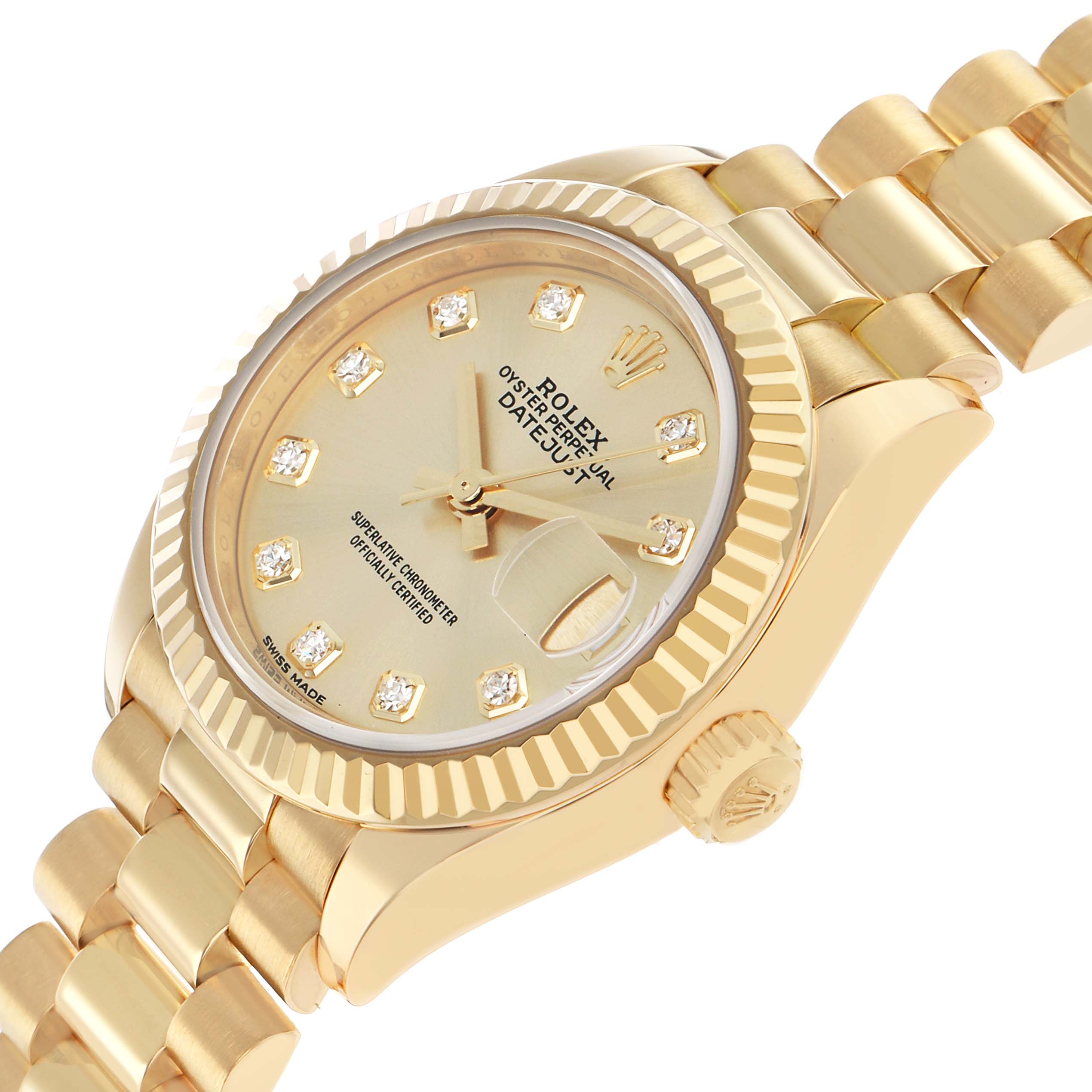 The Rolex President 279178 Women's Yellow Gold Champagne Dial model is shown at a slight angle, highlighting the dial, date window, bezel, and part of the bracelet.