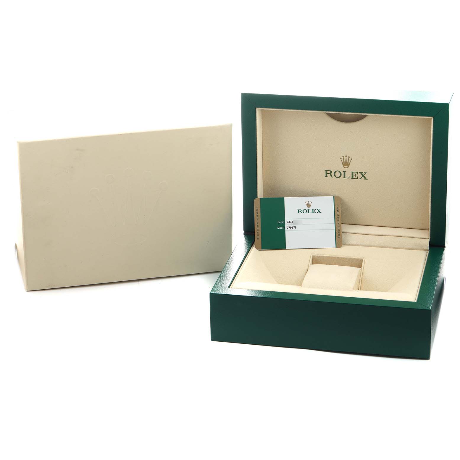 The image shows an open Rolex President 279178 Women's Yellow Gold Champagne Dial model box with a warranty card, lid open at a slight angle.