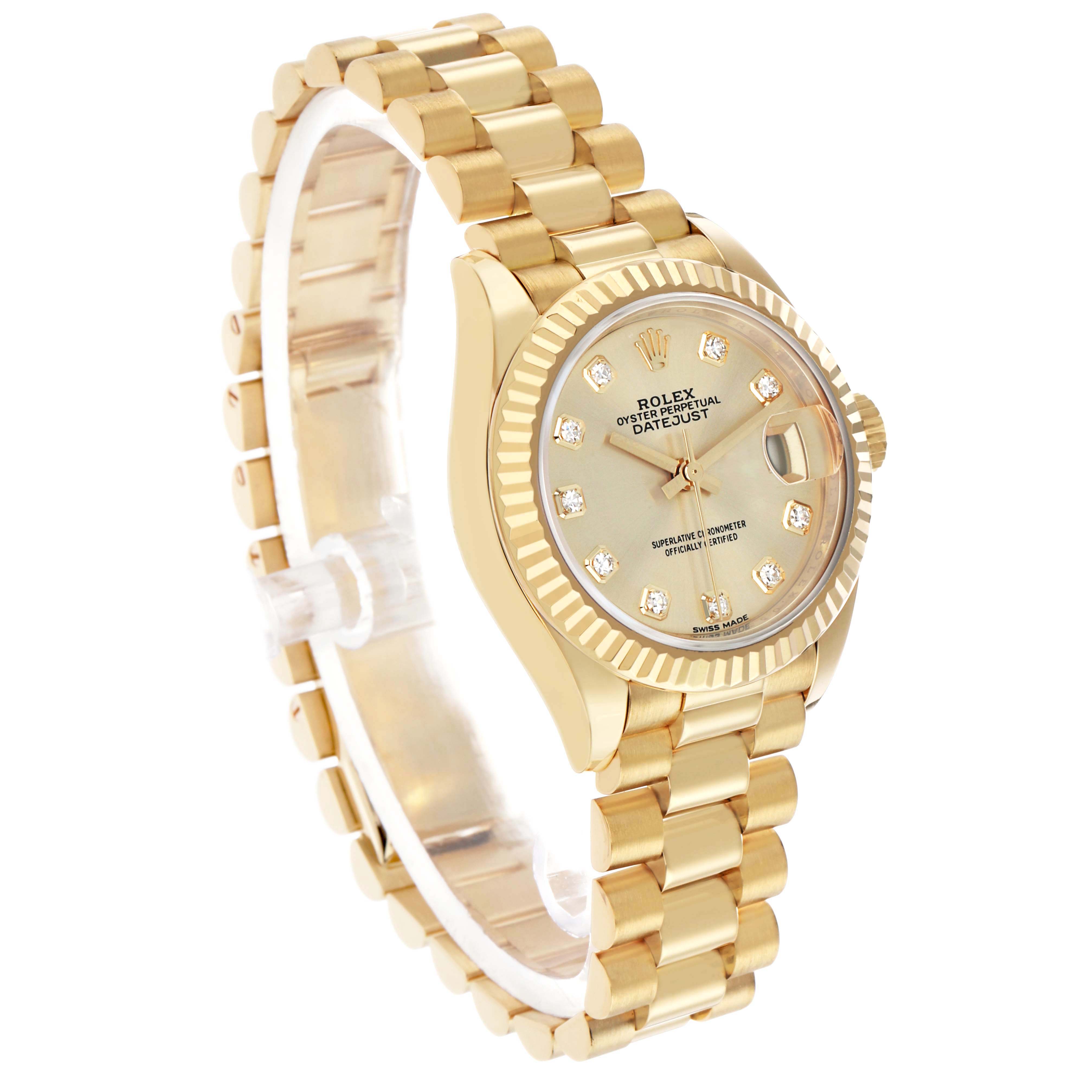 The Rolex President 279178 Women's Yellow Gold Champagne Dial model is shown at a three-quarter angle, highlighting the bracelet, bezel, and diamond dial.