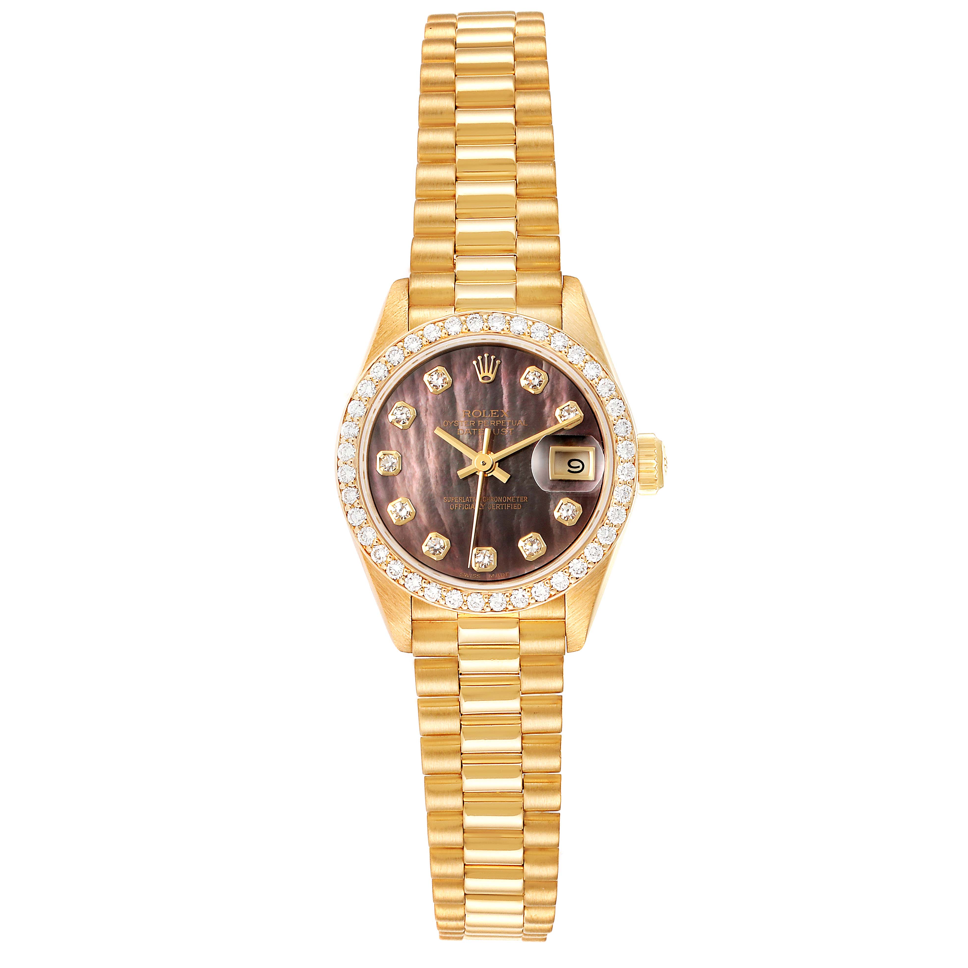 The image shows a front view of the Rolex President 69138 Women's Yellow Gold Mother of Pearl Dial 69138 Women's Yellow Gold Mother of Pearl Dial watch, highlighting its gold bracelet, diamond bezel, and date display.