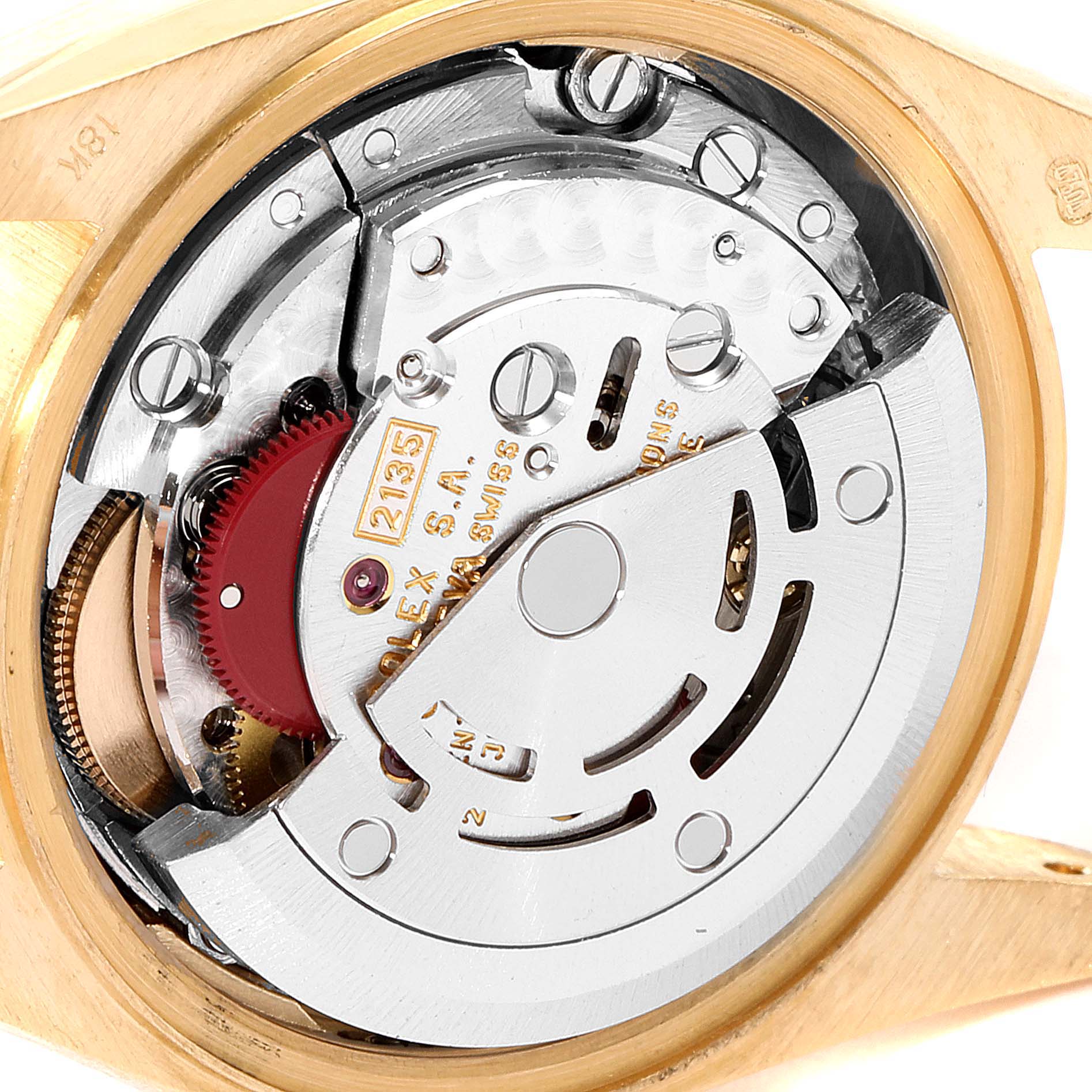 This image shows the inner mechanical movement of a Rolex President 69138 Women's Yellow Gold Mother of Pearl Dial 69138 Women's Yellow Gold Mother of Pearl Dial model watch from a rear angle.