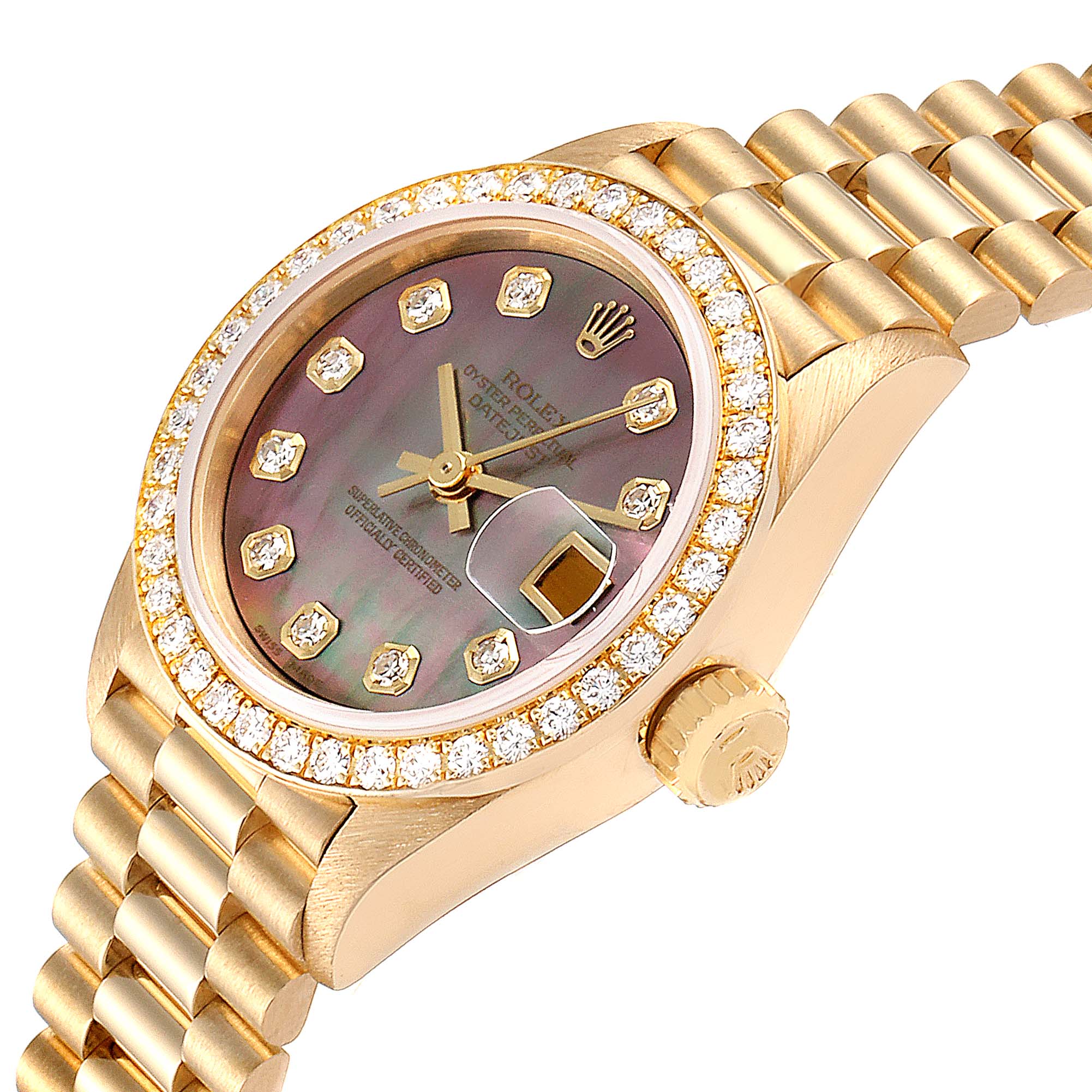The image shows the dial, bezel, crown, and part of the bracelet of a Rolex President 69138 Women's Yellow Gold Mother of Pearl Dial 69138 Women's Yellow Gold Mother of Pearl Dial model watch.