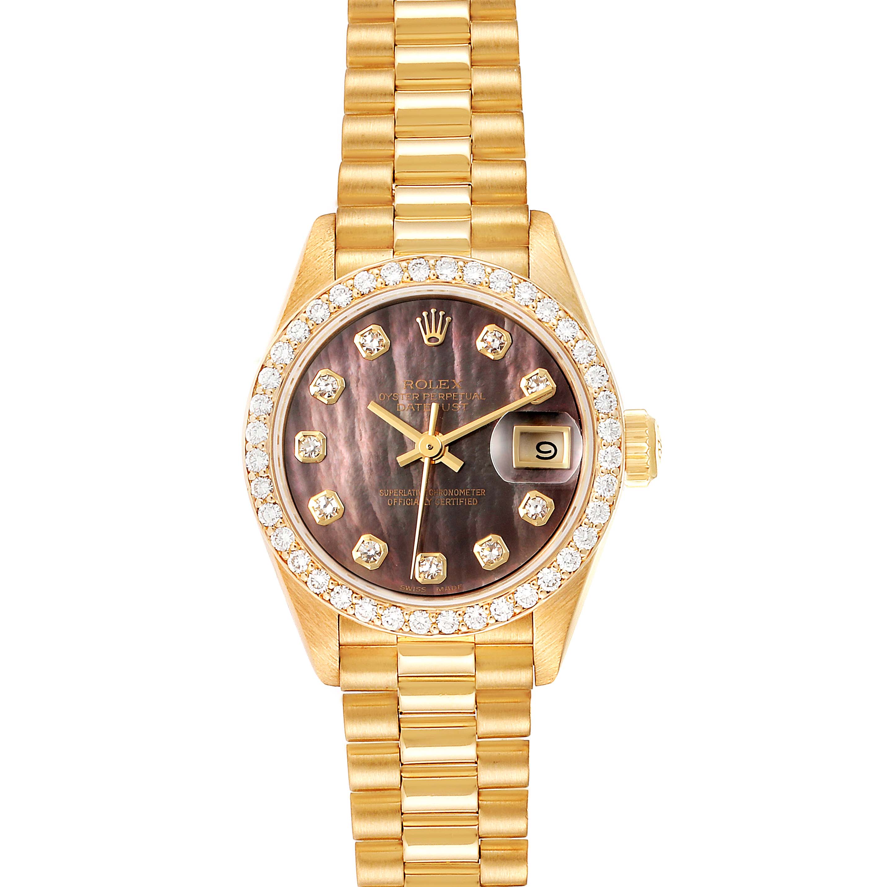 The image shows a Rolex President 69138 Women's Yellow Gold Mother of Pearl Dial 69138 Women's Yellow Gold Mother of Pearl Dial model watch in a straight-on angle, highlighting the gold bracelet, diamond-set bezel, and date window.