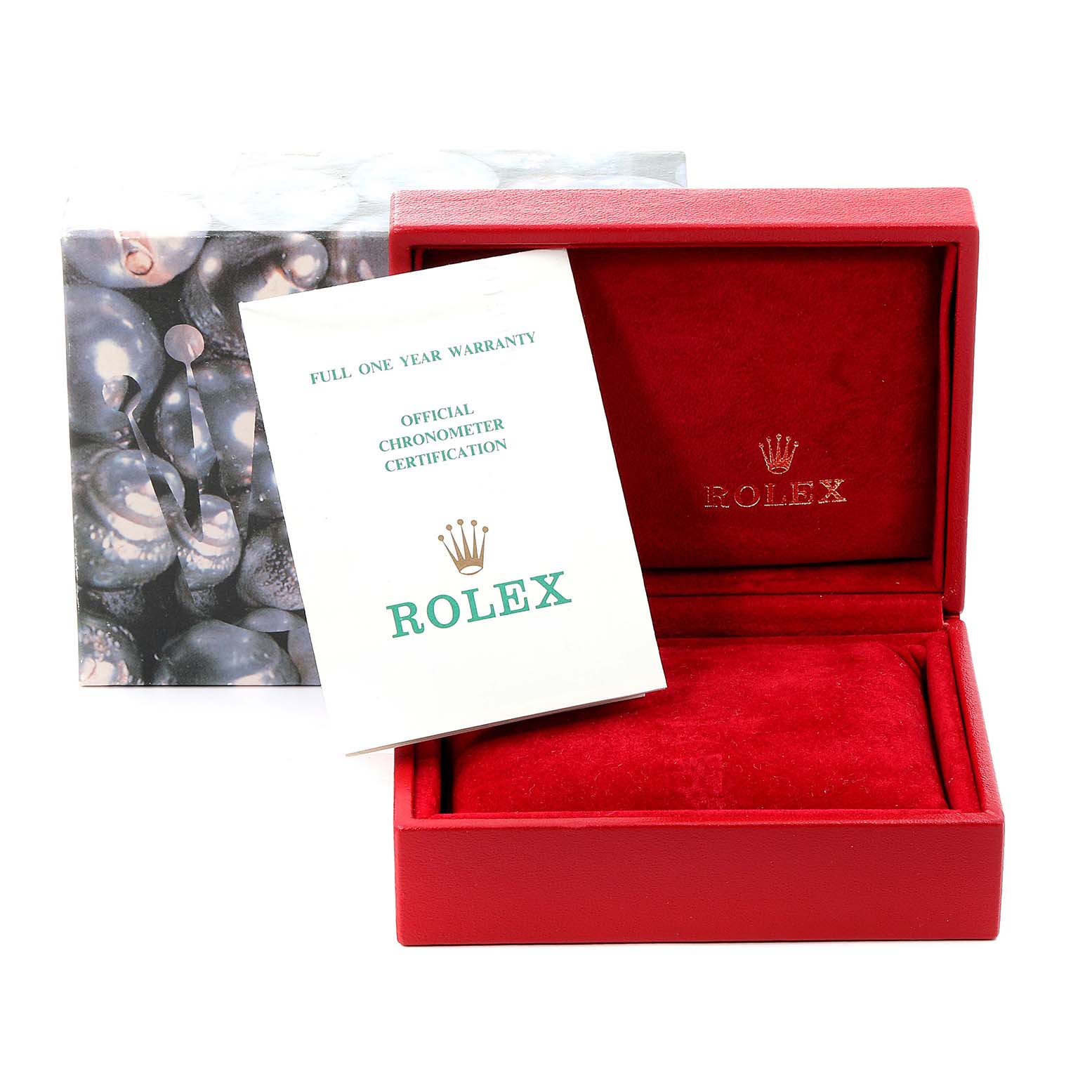 The image shows an open red box with Rolex branding and a warranty/chronometer certification document, with no Rolex President 69138 Women's Yellow Gold Mother of Pearl Dial 69138 Women's Yellow Gold Mother of Pearl Dial watch visible.