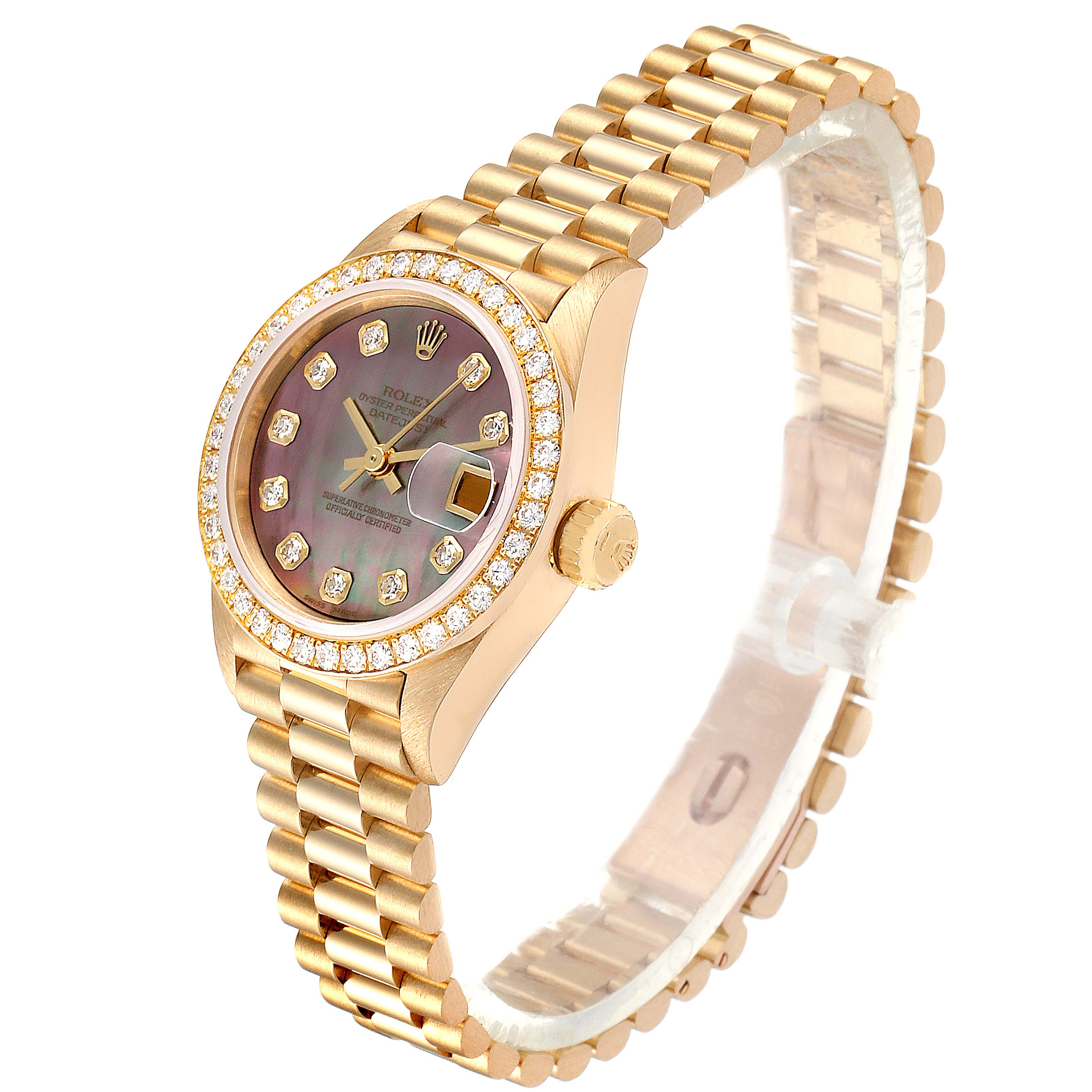The Rolex President 69138 Women's Yellow Gold Mother of Pearl Dial 69138 Women's Yellow Gold Mother of Pearl Dial model watch is shown at an angle, displaying the face, bezel, band, crown, and part of the clasp.