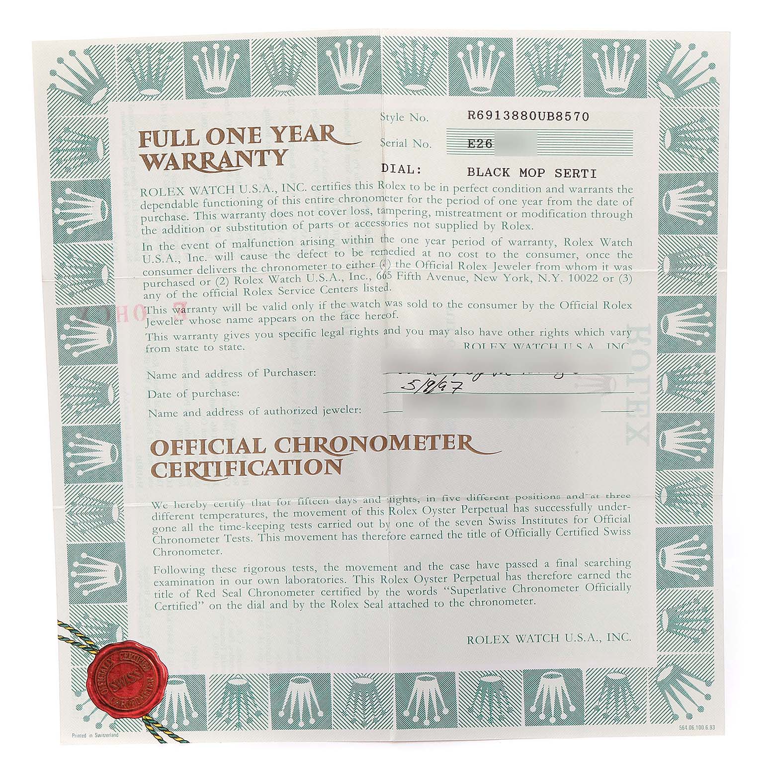 This image shows the warranty and official chronometer certificate for the Rolex President 69138 Women's Yellow Gold Mother of Pearl Dial 69138 Women's Yellow Gold Mother of Pearl Dial model.