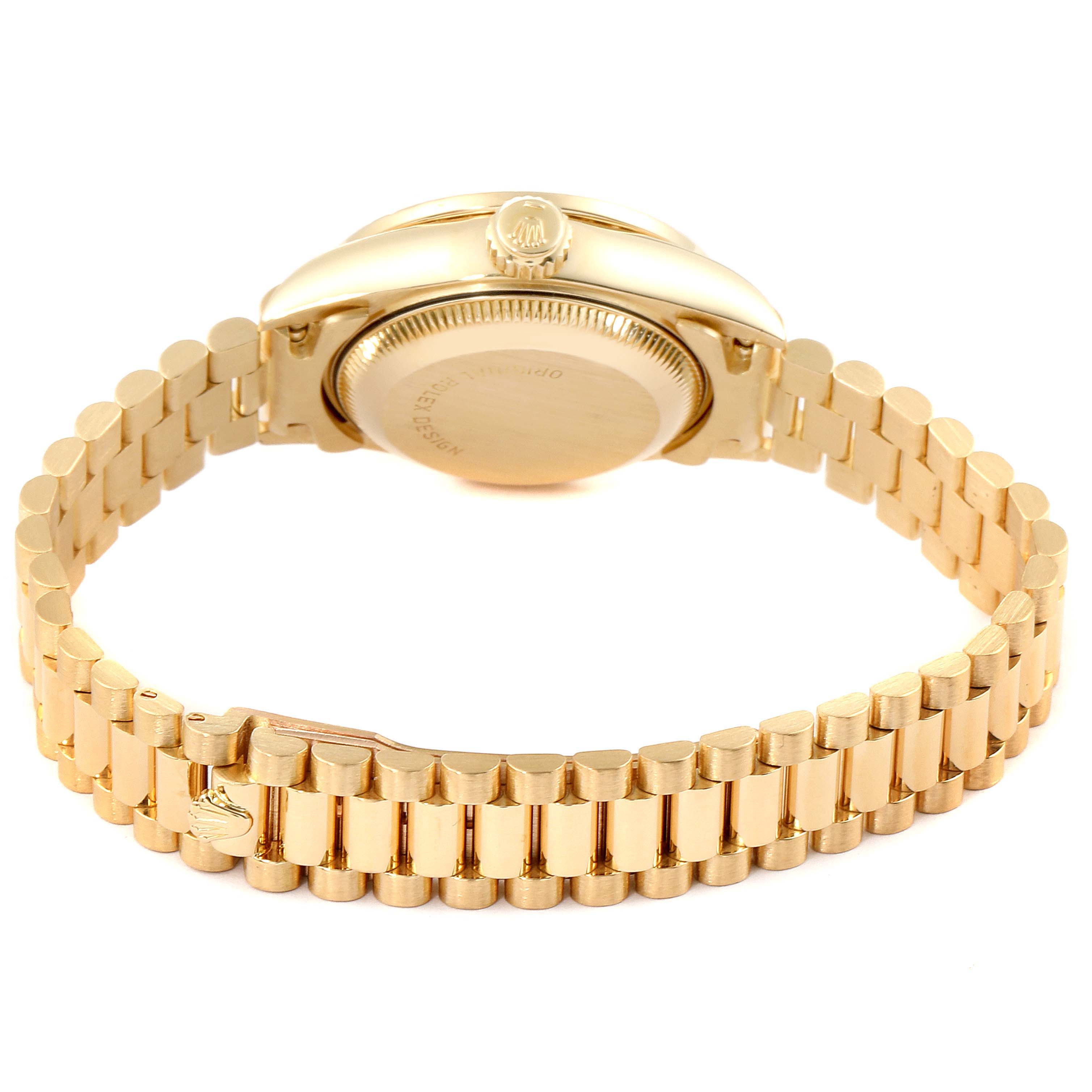 The image shows the back view of a gold Rolex President 69138 Women's Yellow Gold Mother of Pearl Dial 69138 Women's Yellow Gold Mother of Pearl Dial model watch, highlighting the case back and the bracelet.