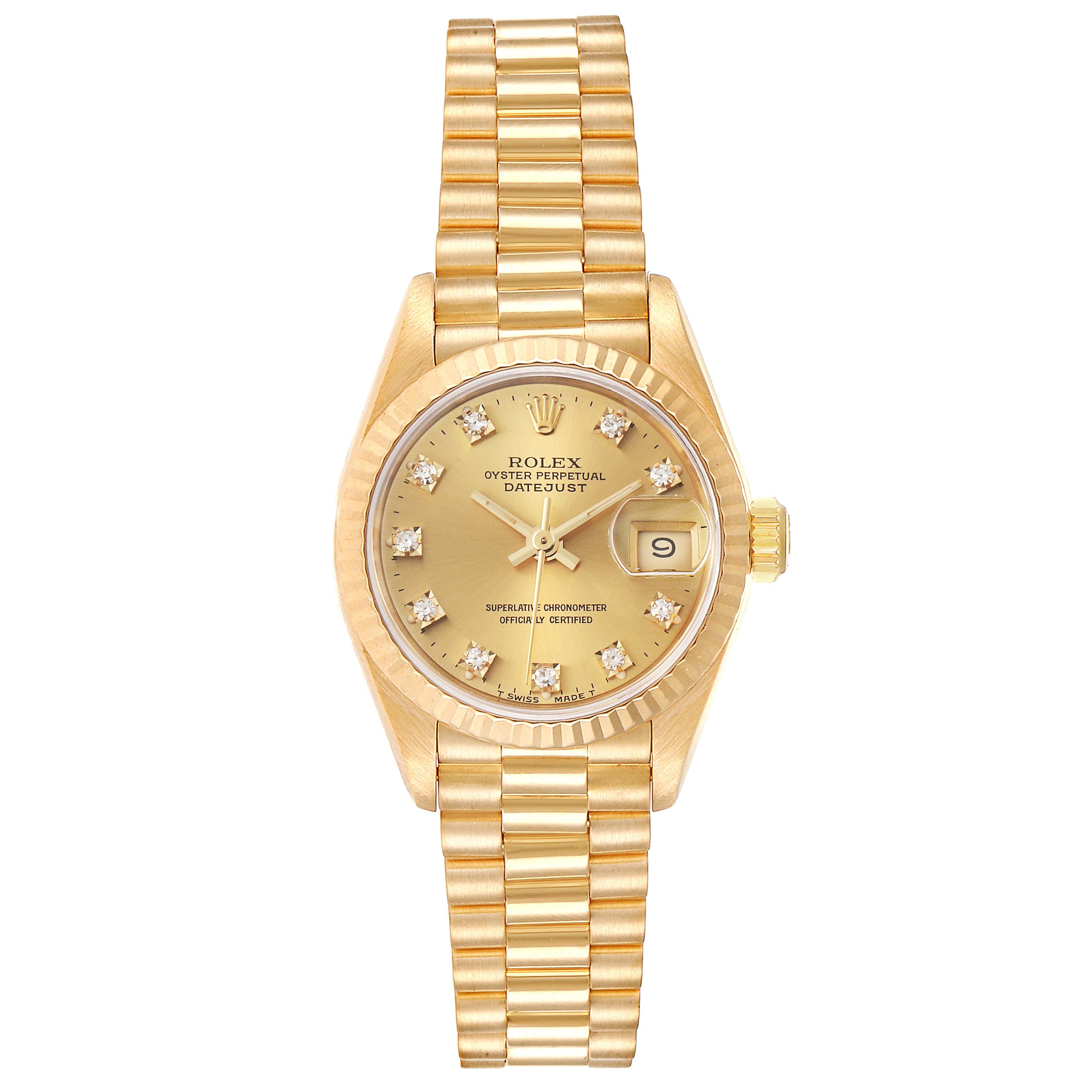 The image shows a Rolex President 69178 Women's Yellow Gold Champagne Dial 69178 Women's Yellow Gold Champagne Dial model watch, including its dial, bezel, hands, date window, and bracelet, from a top-down angle.