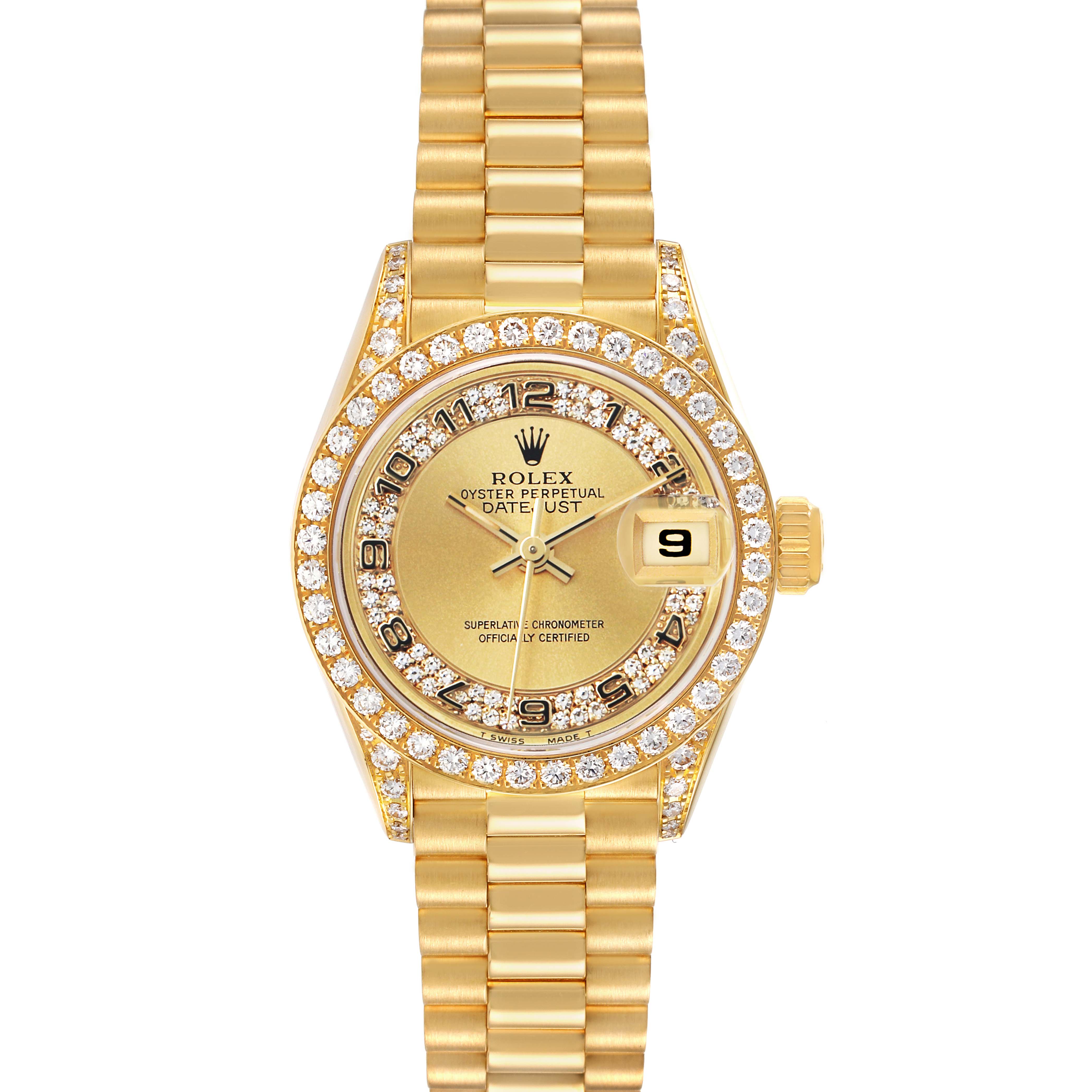 The Rolex President 69158 Women's Yellow Gold Champagne Dial watch is shown from the front, displaying its gold case, diamond bezel, dial, and bracelet.
