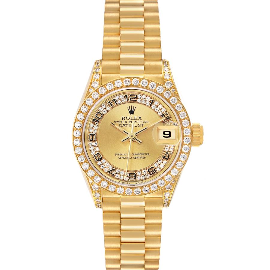 The Rolex President 69158 Women's Yellow Gold Champagne Dial watch is shown from the front, displaying its gold case, diamond bezel, dial, and bracelet.