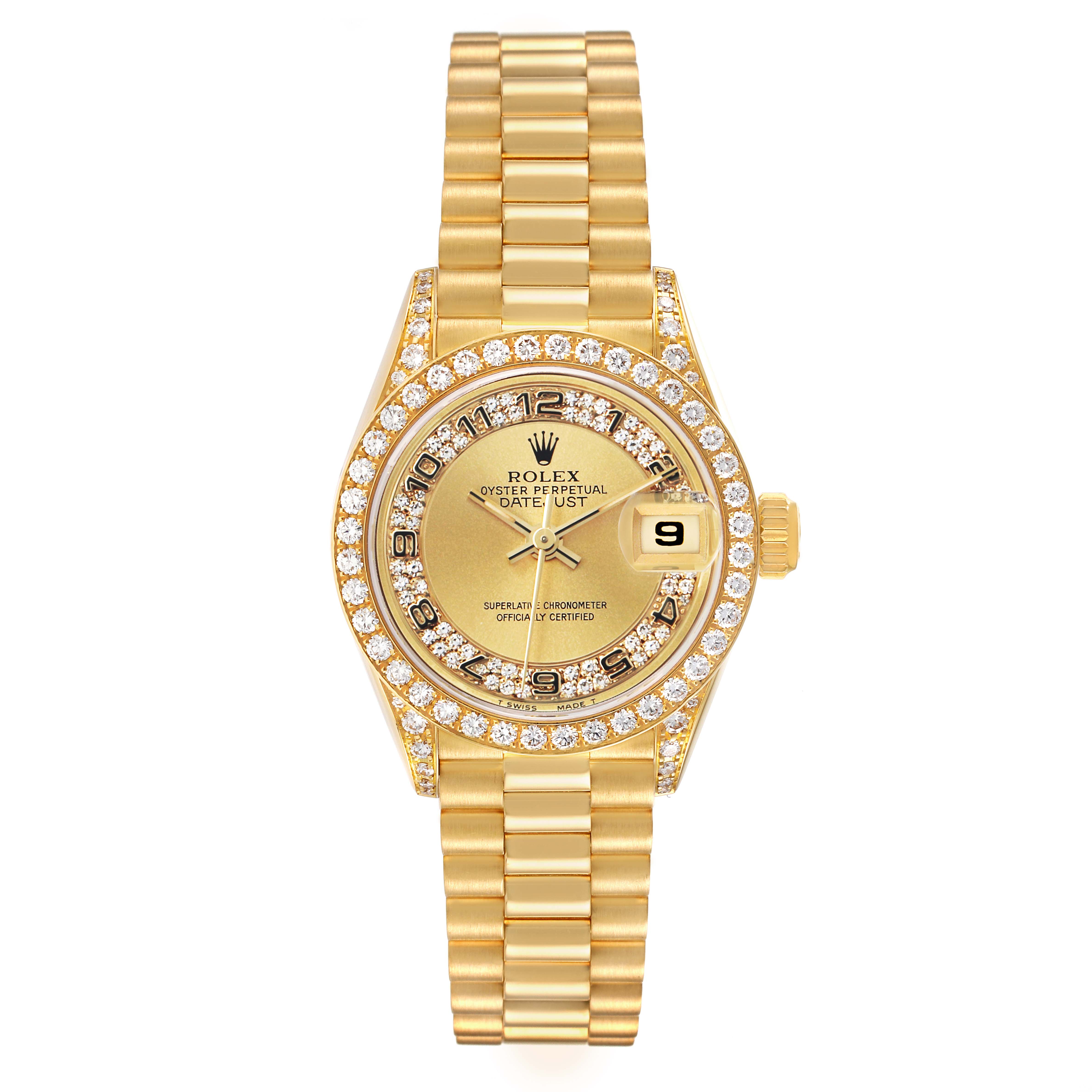 The image shows a Rolex President 69158 Women's Yellow Gold Champagne Dial model watch from a straight-on angle, displaying the dial, bracelet, and diamond bezel.
