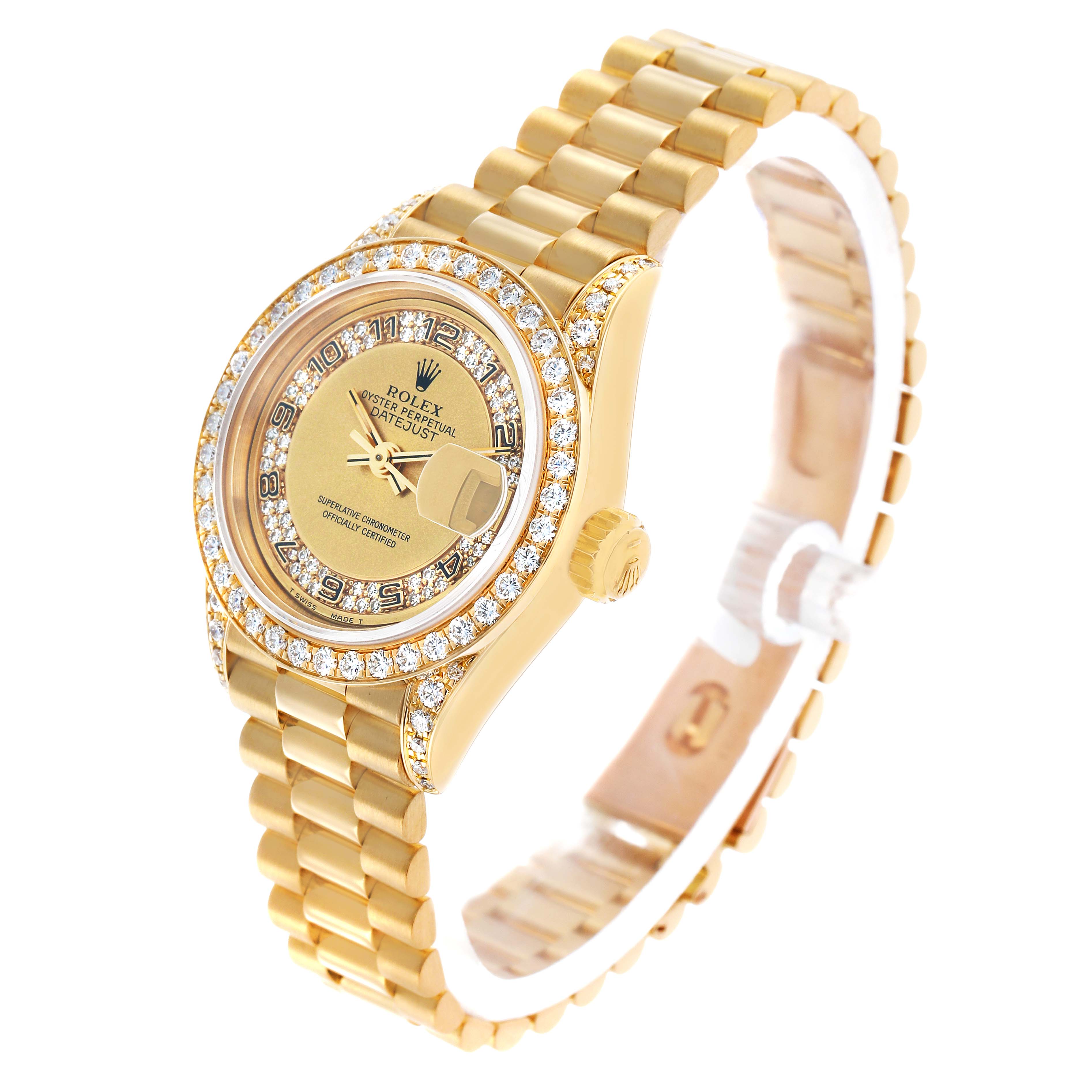 The Rolex President 69158 Women's Yellow Gold Champagne Dial model watch is shown at a side angle, highlighting the face, bezel, crown, and band.
