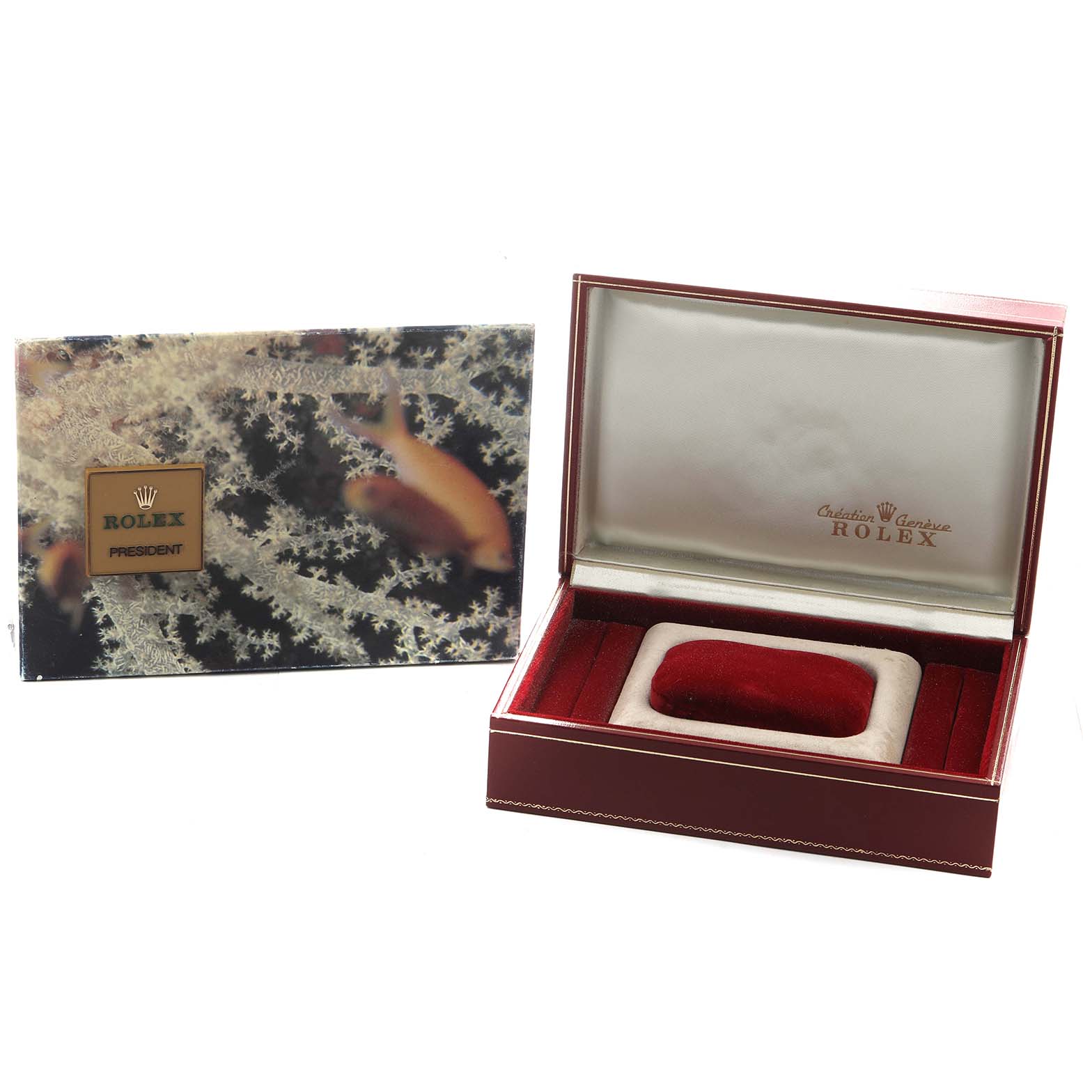 The image shows a Rolex President 69158 Women's Yellow Gold Champagne Dial watch box, open to reveal its interior and an accompanied booklet.