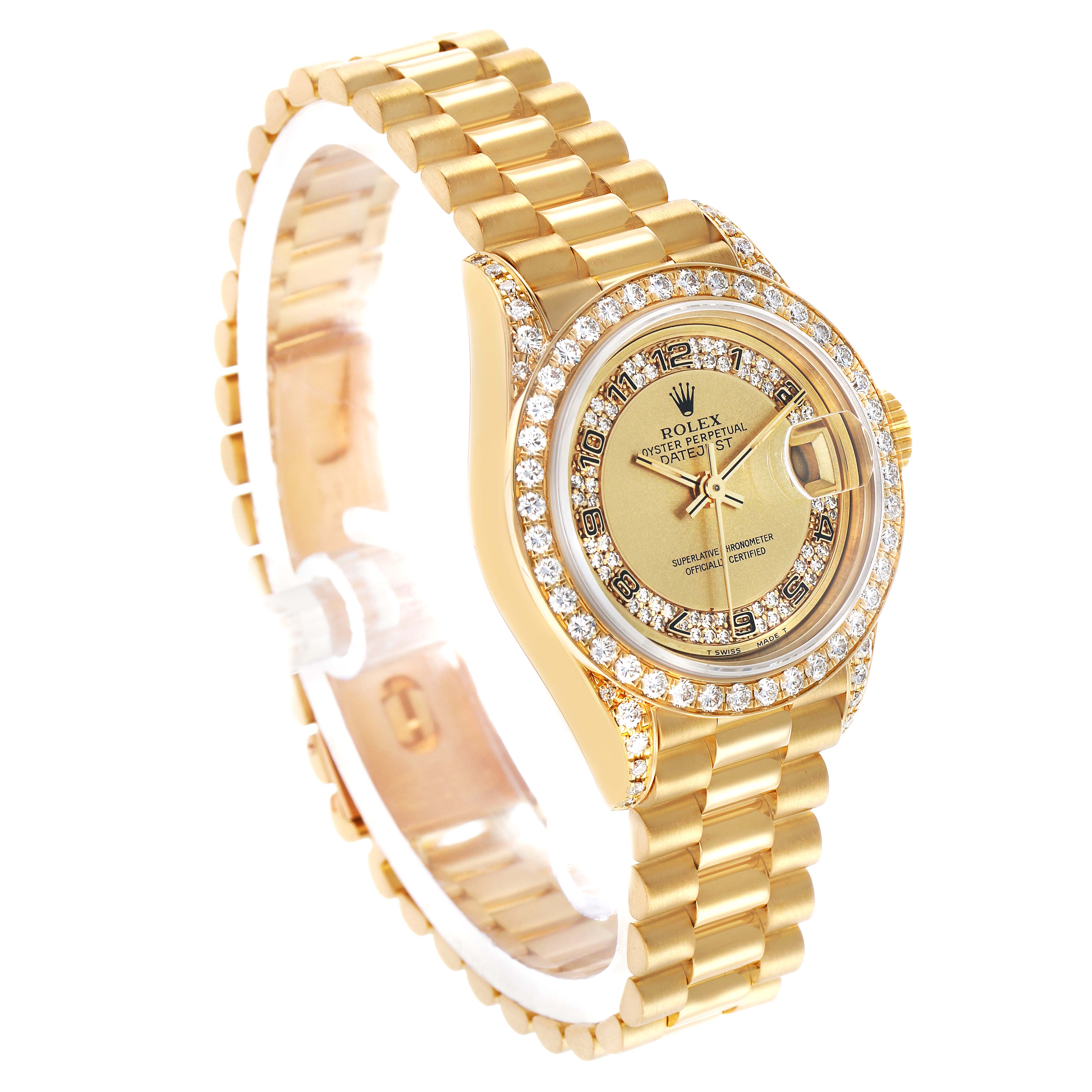 The Rolex President 69158 Women's Yellow Gold Champagne Dial watch is shown at a slight angle, highlighting its gold bracelet, diamond bezel, and champagne dial.