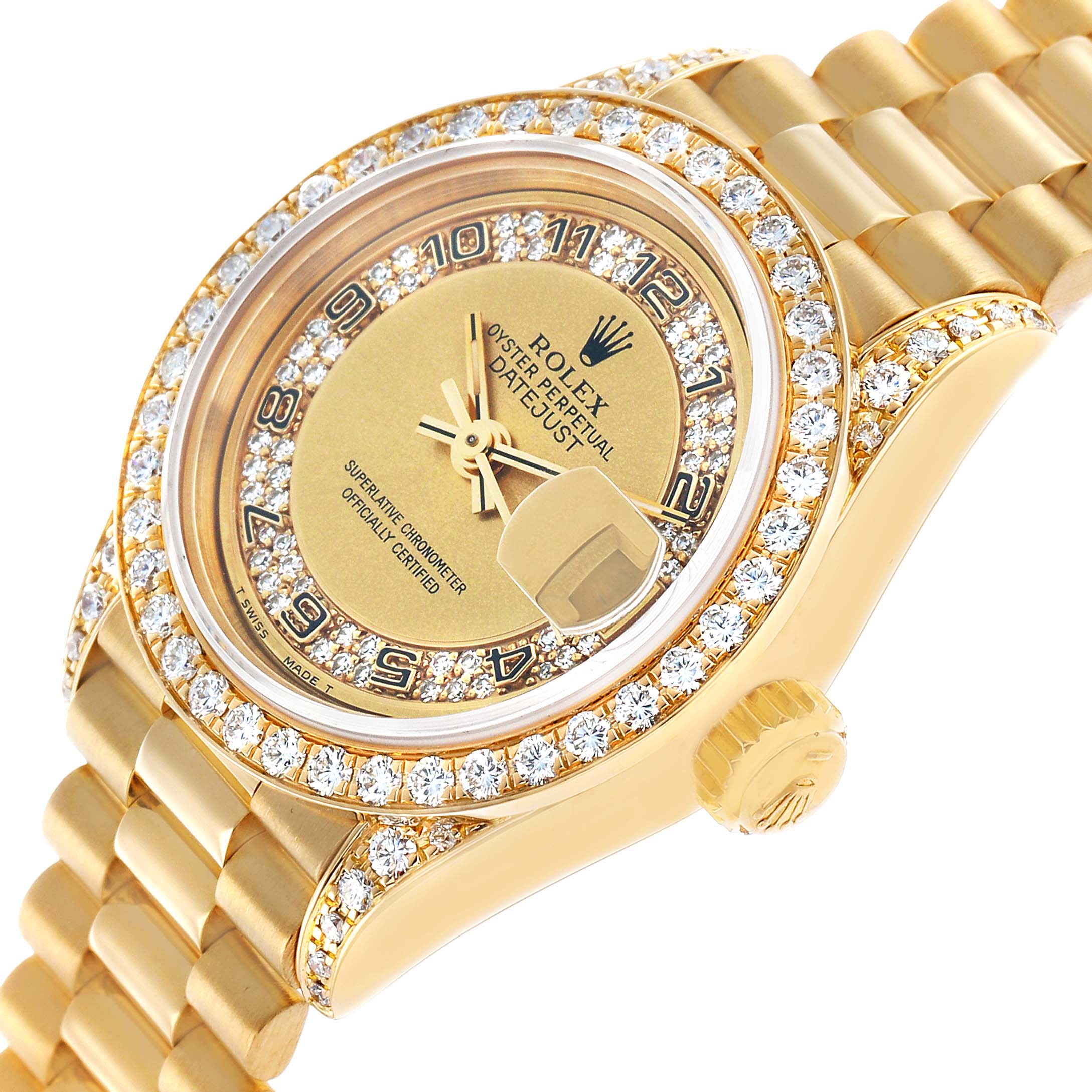 The Rolex President 69158 Women's Yellow Gold Champagne Dial watch is shown at an angle highlighting the dial, bezel, crown, and bracelet.