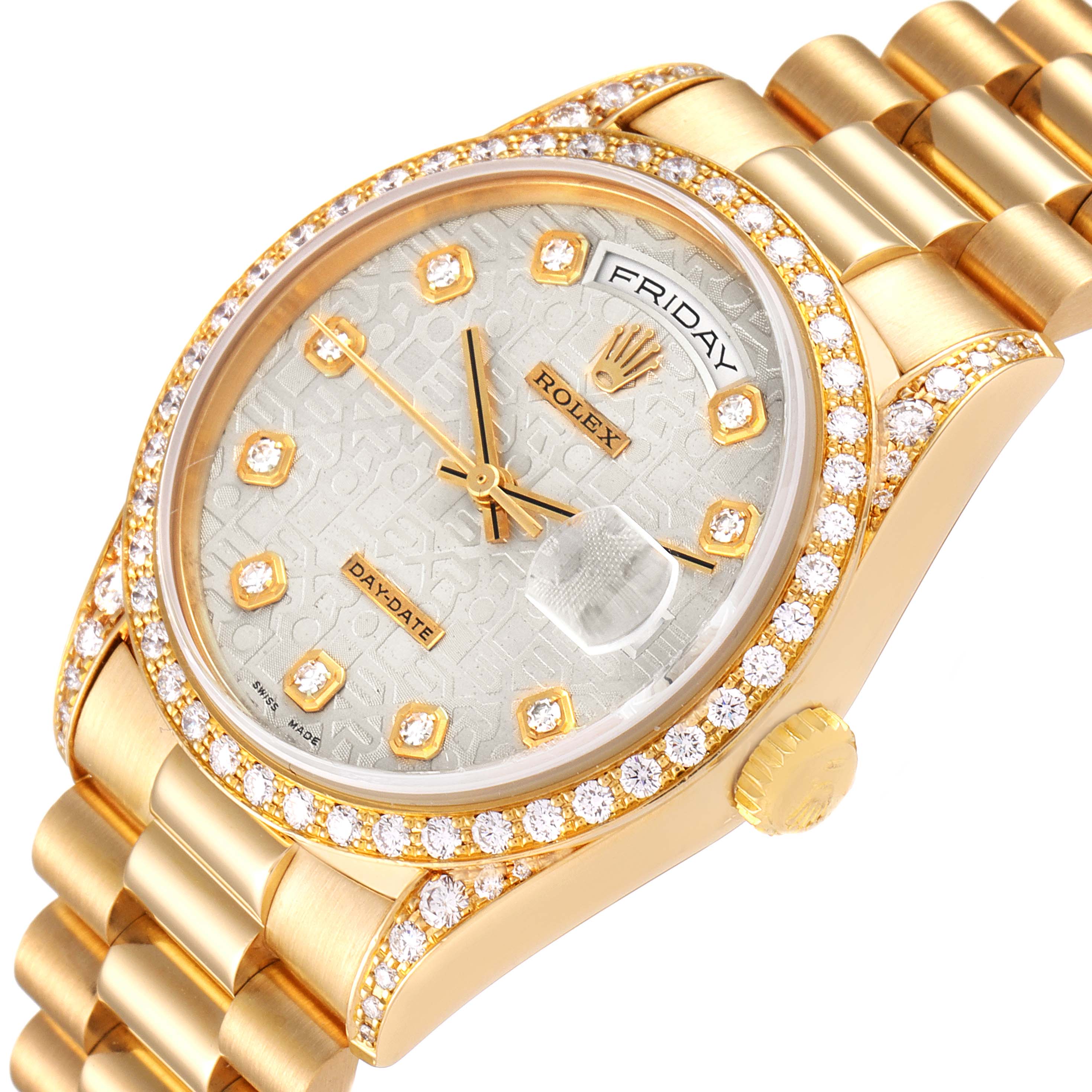 This Rolex President 18238 Men's Yellow Gold Silver Dial 18238 Men's Yellow Gold Silver Dial model watch is shown at an angle displaying its face, bezel, crown, and part of the bracelet.