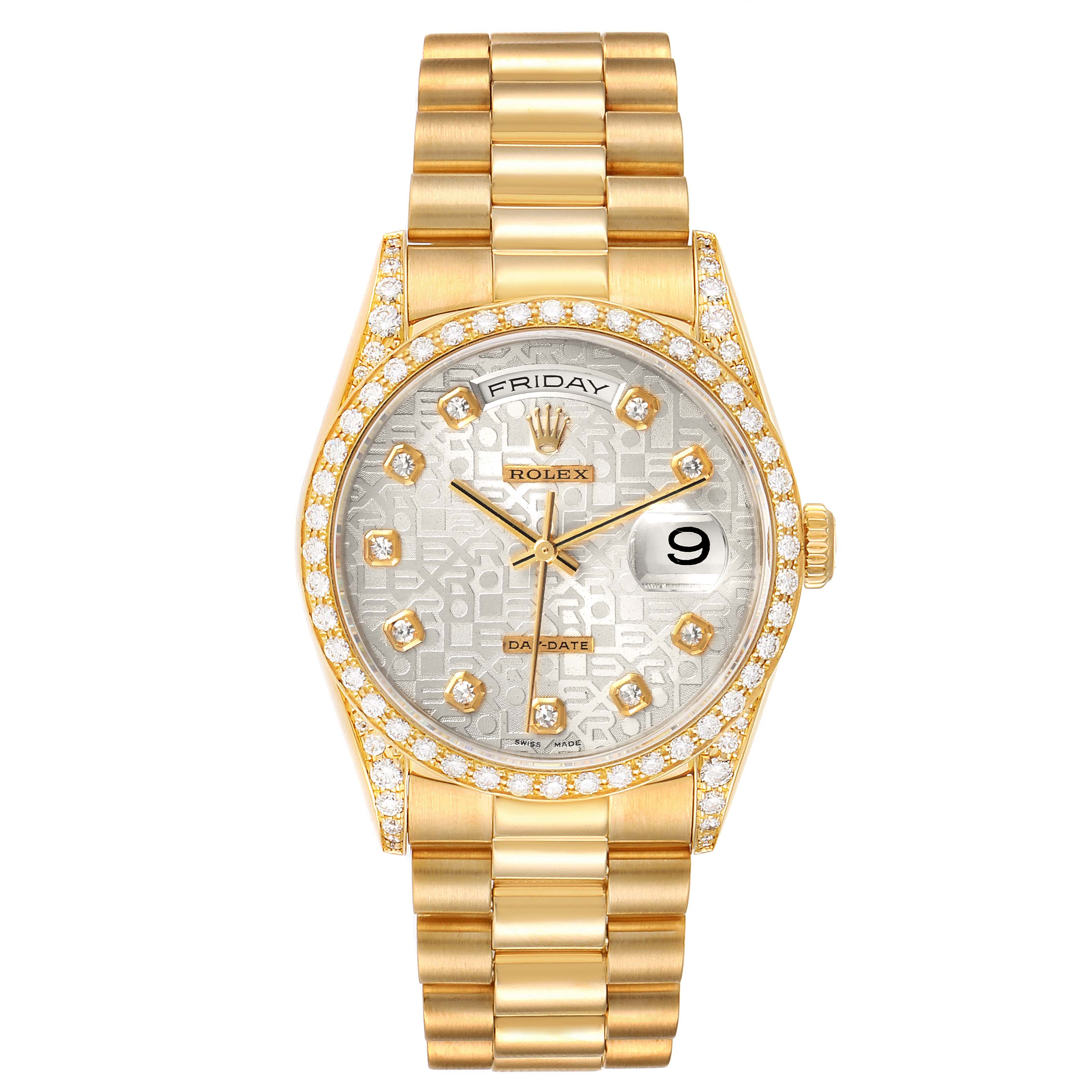 The image shows the front view of a Rolex President 18238 Men's Yellow Gold Silver Dial 18238 Men's Yellow Gold Silver Dial model watch, featuring a gold bracelet, diamond bezel, and day-date display.