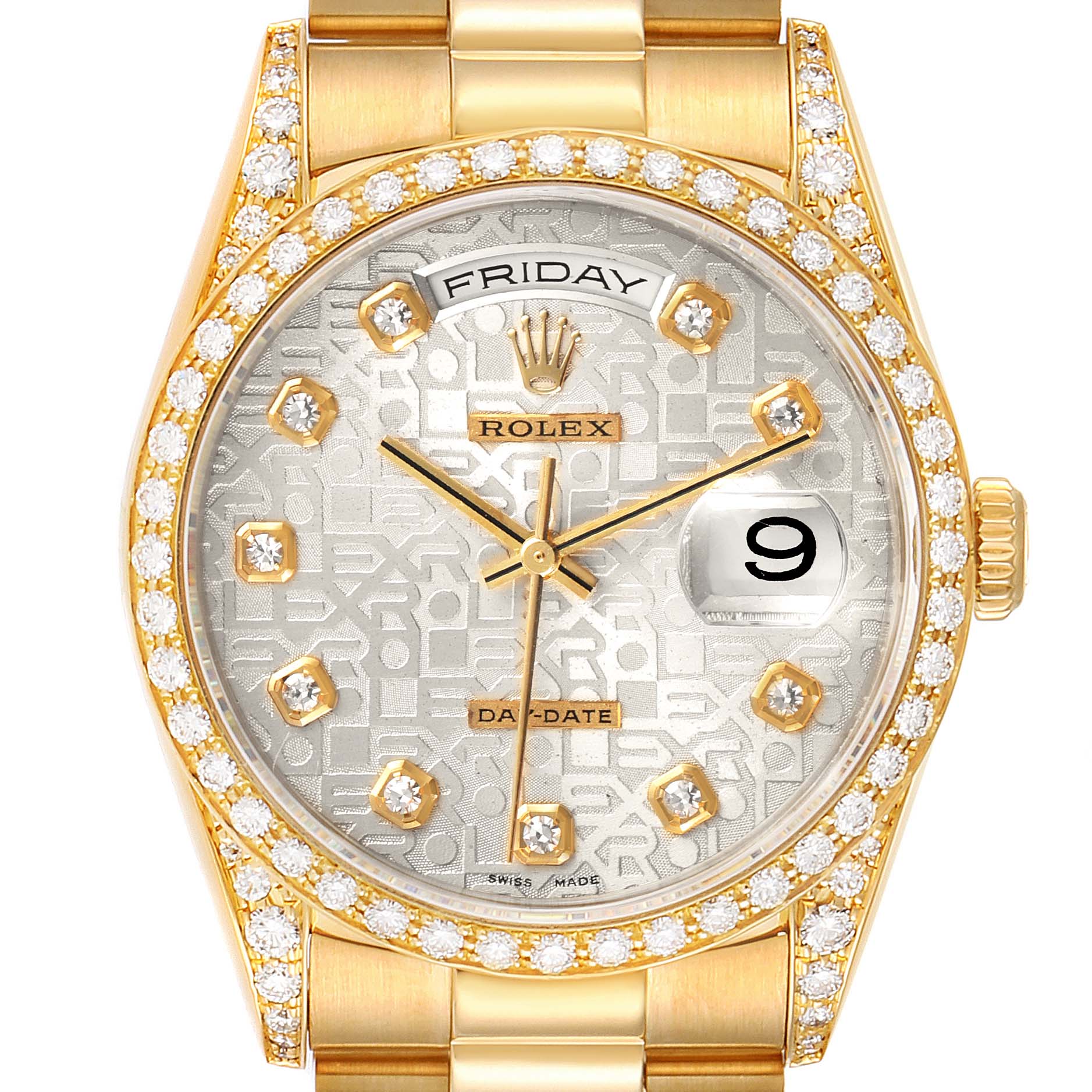The image shows the front view of a Rolex President 18238 Men's Yellow Gold Silver Dial 18238 Men's Yellow Gold Silver Dial model watch, highlighting the dial, diamond bezel, and crown.