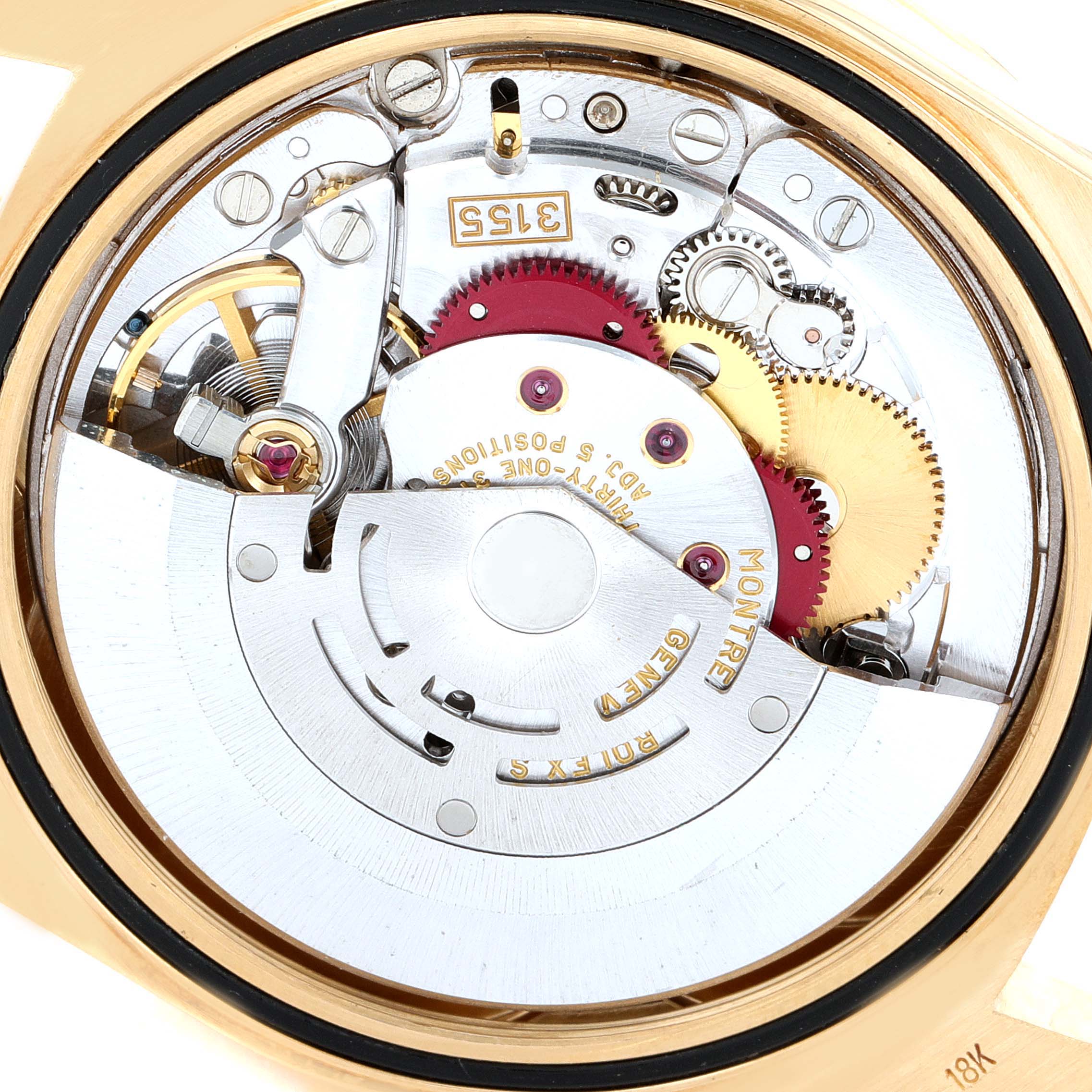 The image shows the inner mechanical components of a Rolex President 18238 Men's Yellow Gold Silver Dial 18238 Men's Yellow Gold Silver Dial model watch from a rear angle.