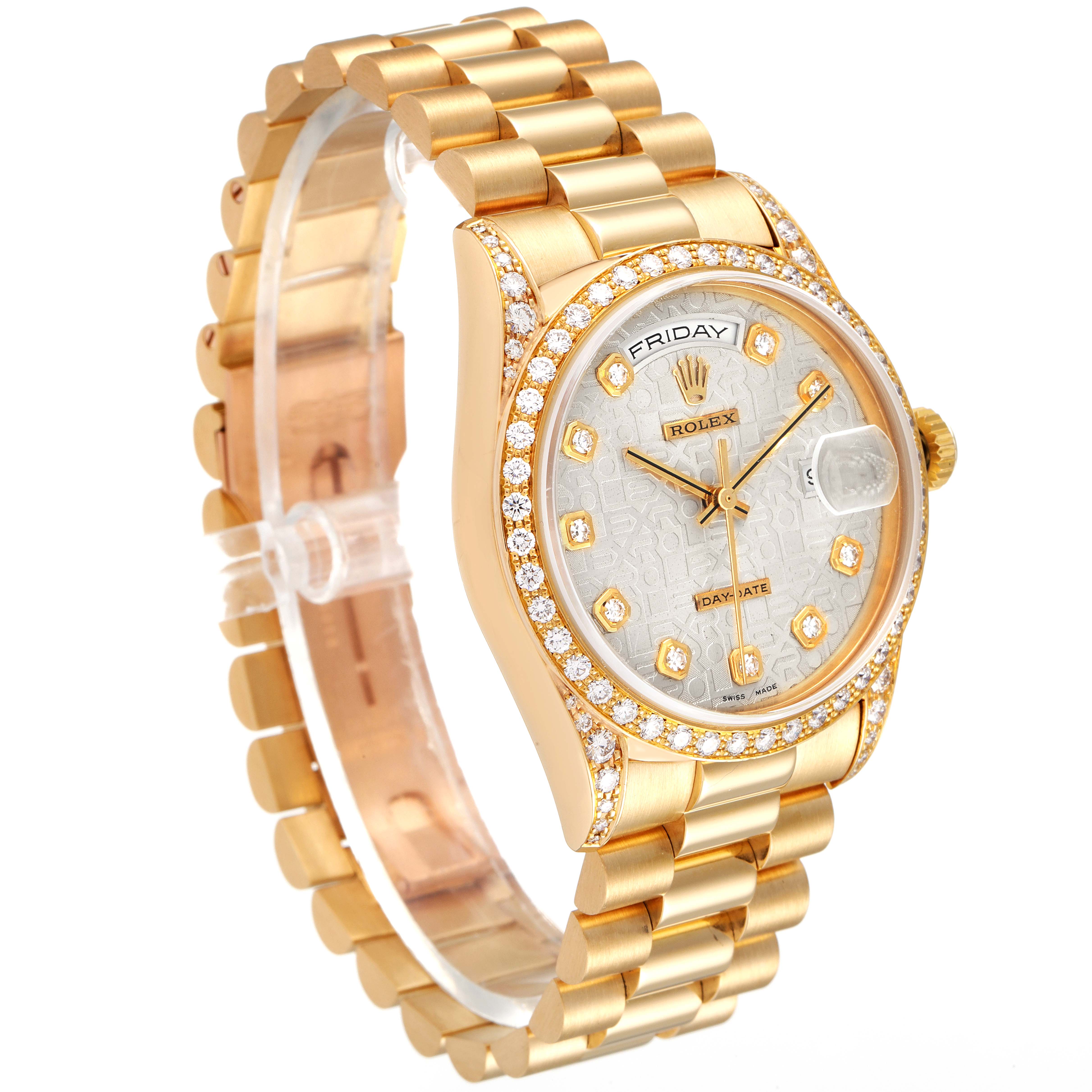 The image shows a side angle of the Rolex President 18238 Men's Yellow Gold Silver Dial 18238 Men's Yellow Gold Silver Dial watch, highlighting its band, bezel, and dial.