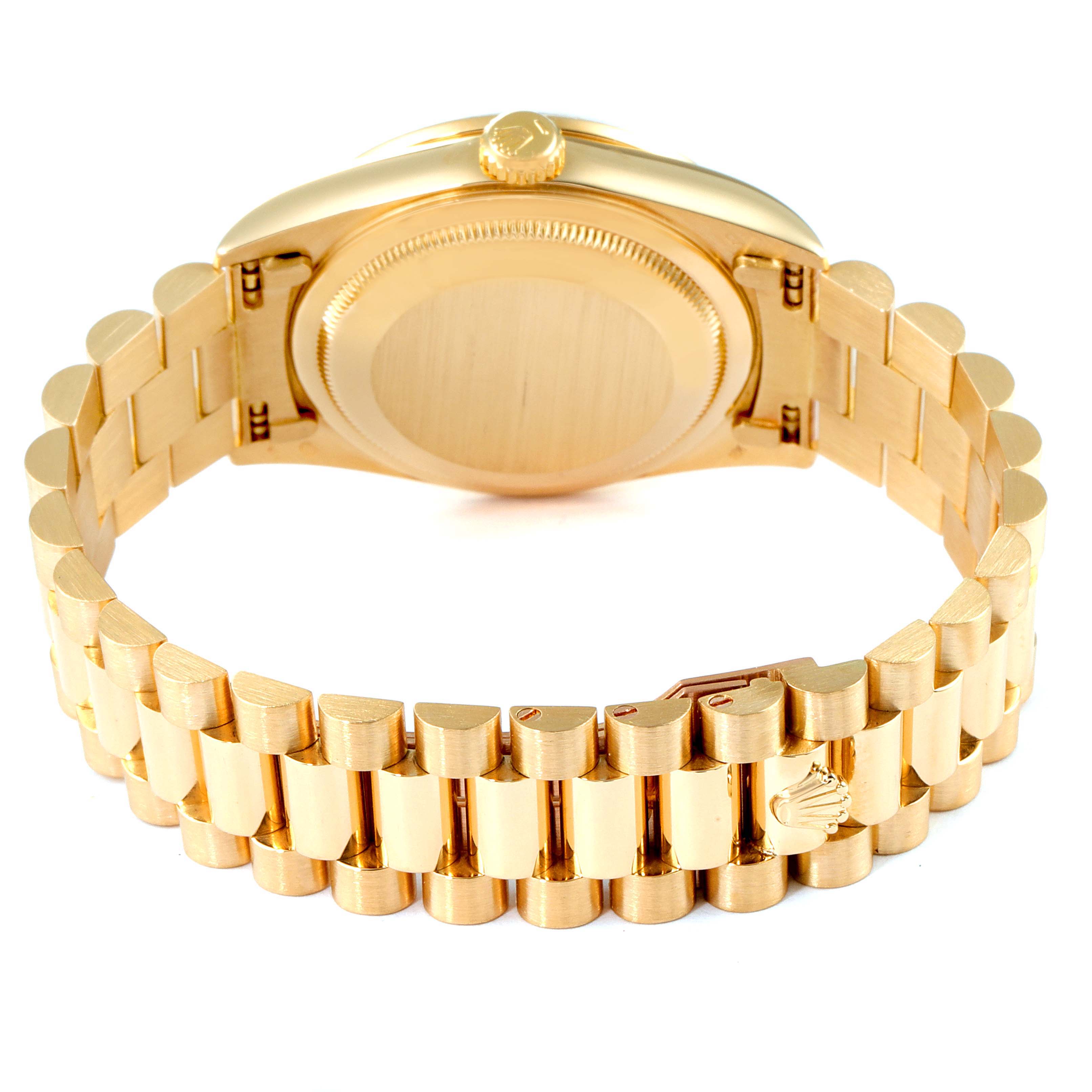 This image shows the back view of a gold Rolex President 18238 Men's Yellow Gold Silver Dial 18238 Men's Yellow Gold Silver Dial model watch, focusing on the bracelet and caseback.