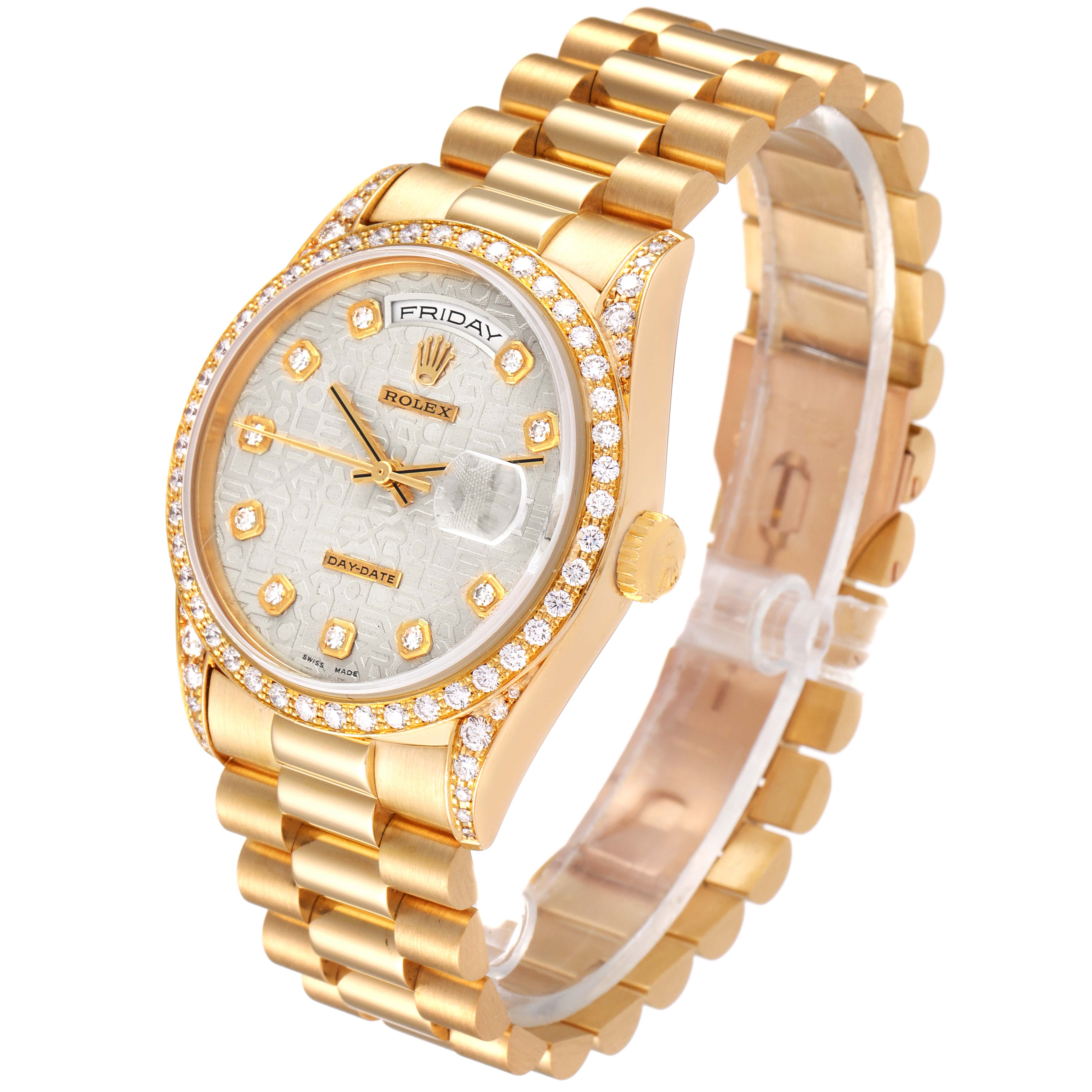 This image shows a Rolex President 18238 Men's Yellow Gold Silver Dial 18238 Men's Yellow Gold Silver Dial model watch from an angled top view, highlighting the face, bezel, and bracelet.