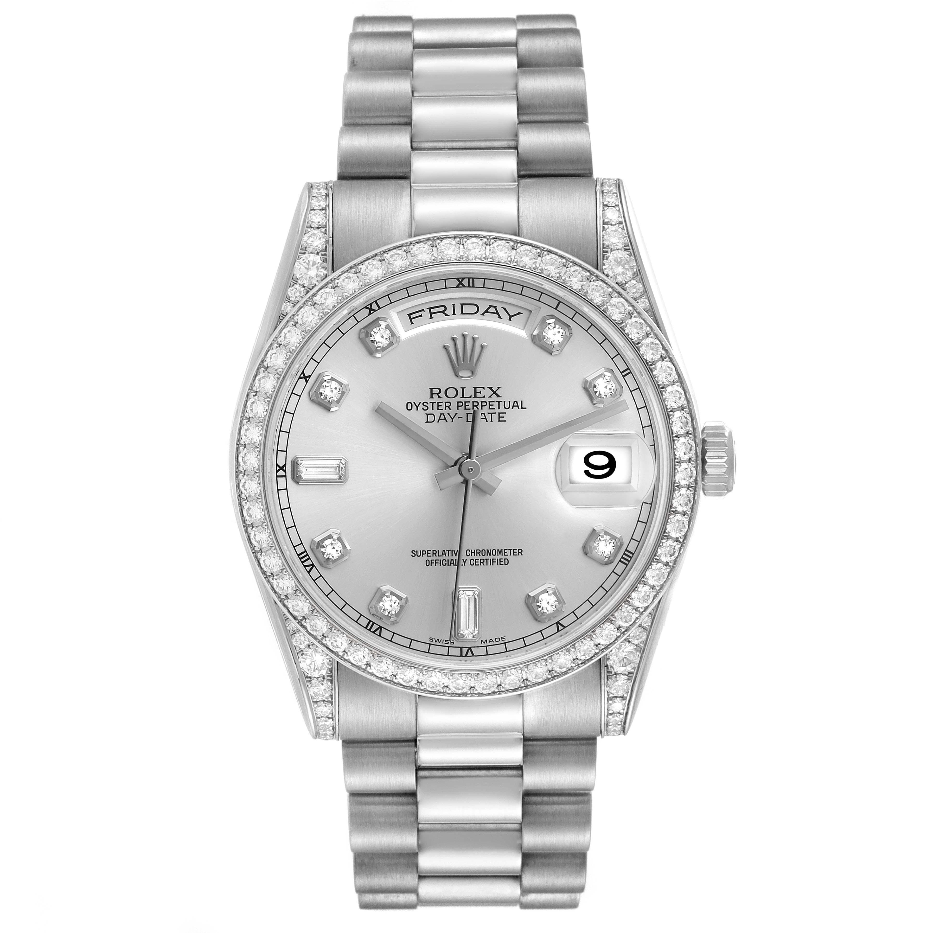The Rolex President 118389 Men's White Gold Silver Dial Day-Date watch is shown from the front, highlighting its dial, bezel, and bracelet.