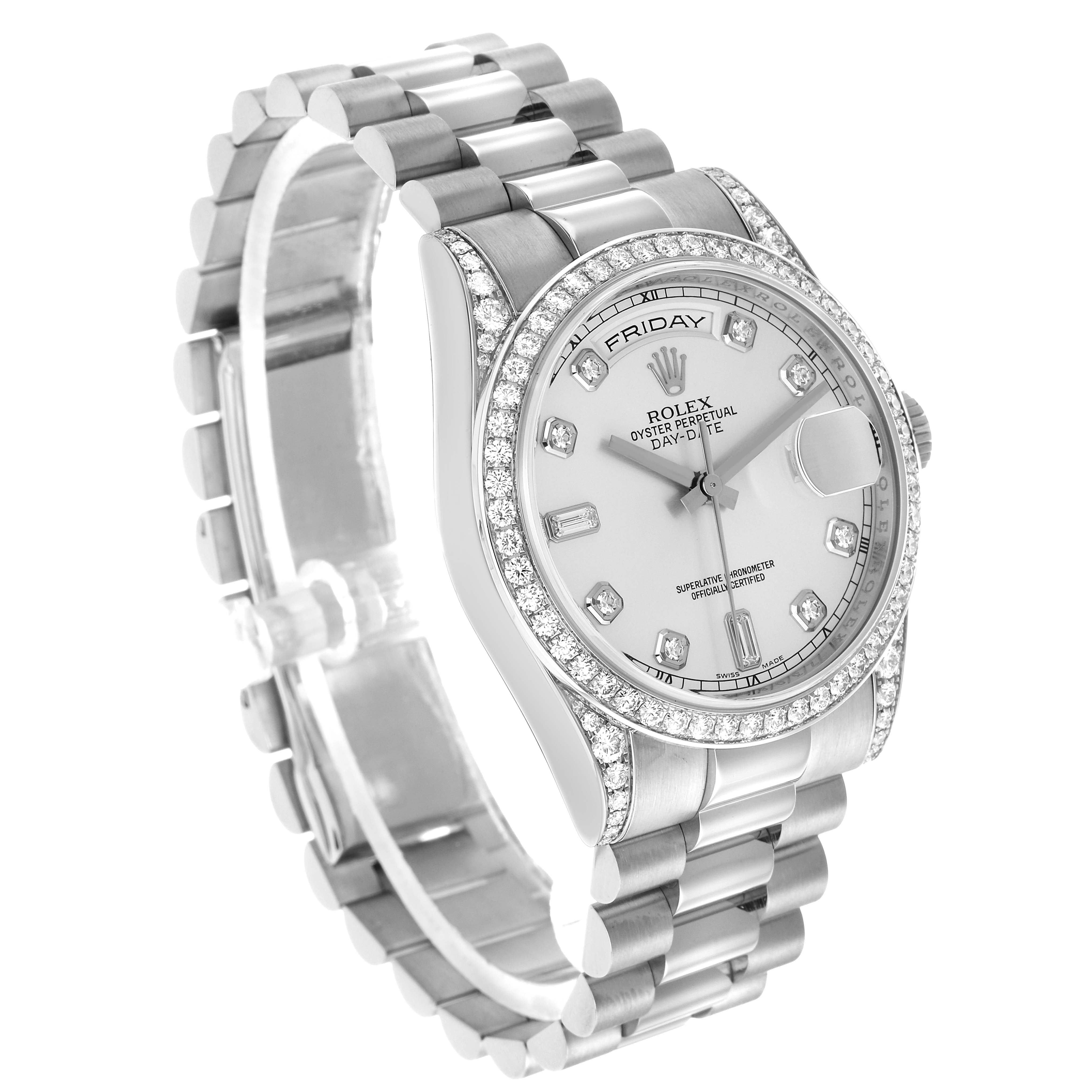 The Rolex President 118389 Men's White Gold Silver Dial watch is shown at a three-quarter angle, highlighting the bezel, dial, and bracelet.