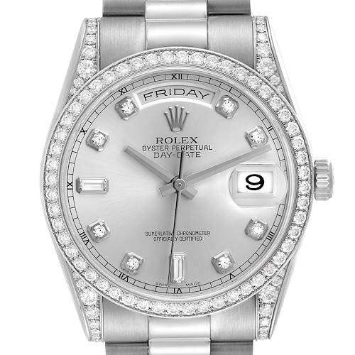 The Rolex President 118389 Men's White Gold Silver Dial model watch is shown from a top-down view, highlighting the dial, diamond bezel, and bracelet.